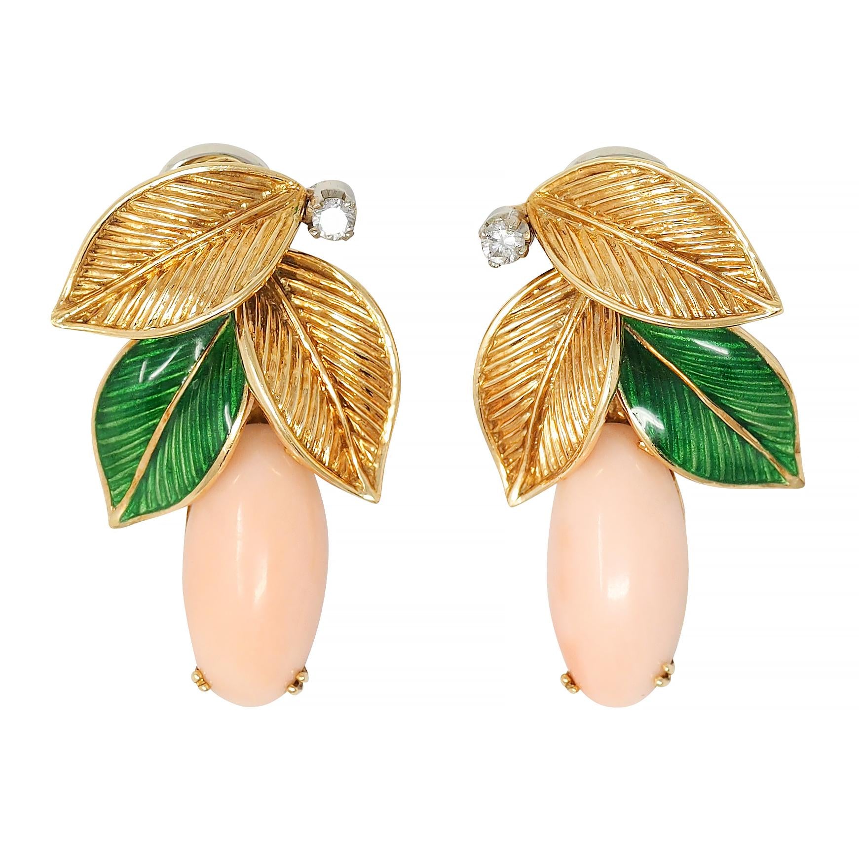 1970 Angel Skin Coral Diamond Enamel Platinum 18K Gold Vintage Foliate Earrings