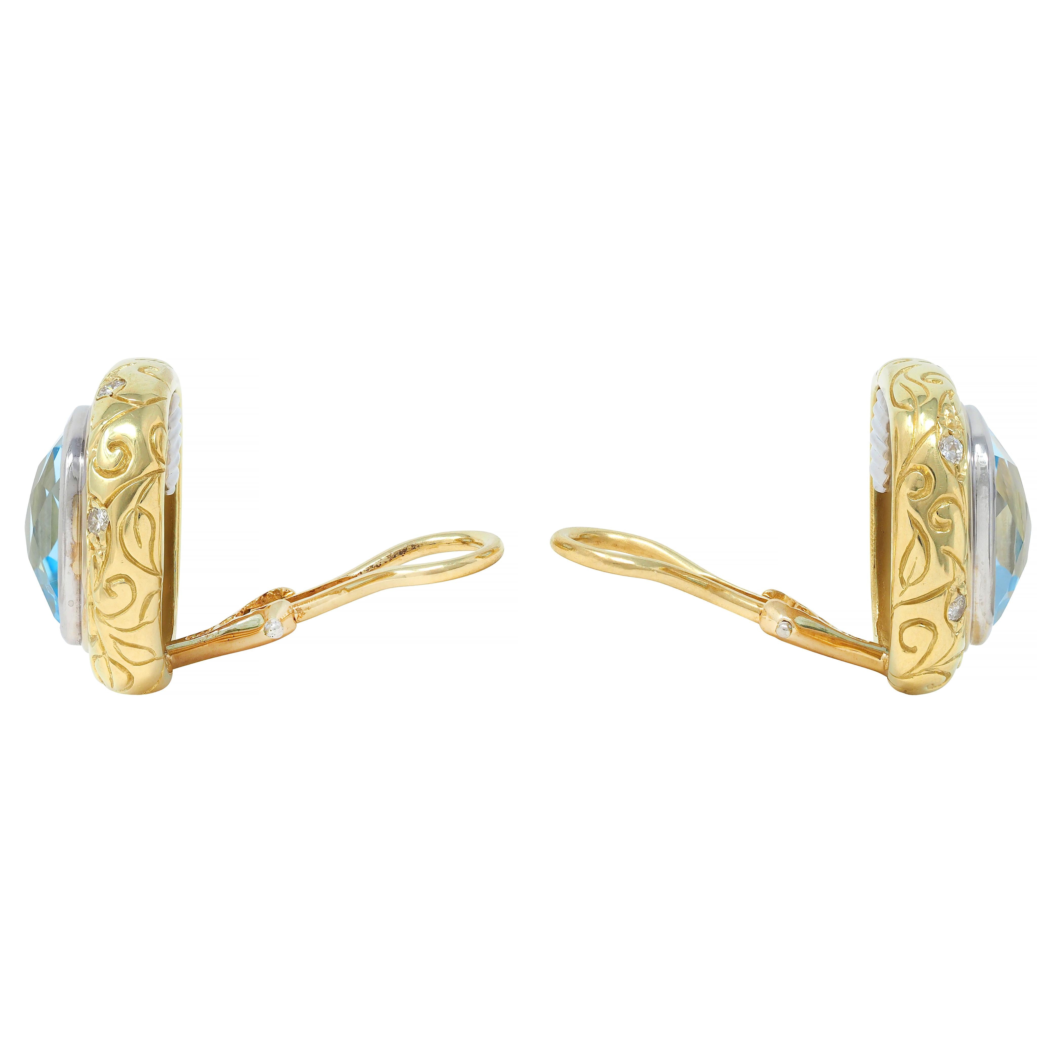 SeidenGang Blue Topaz Diamond 18K Gold Vintage Cushion Ear-Clip Earrings