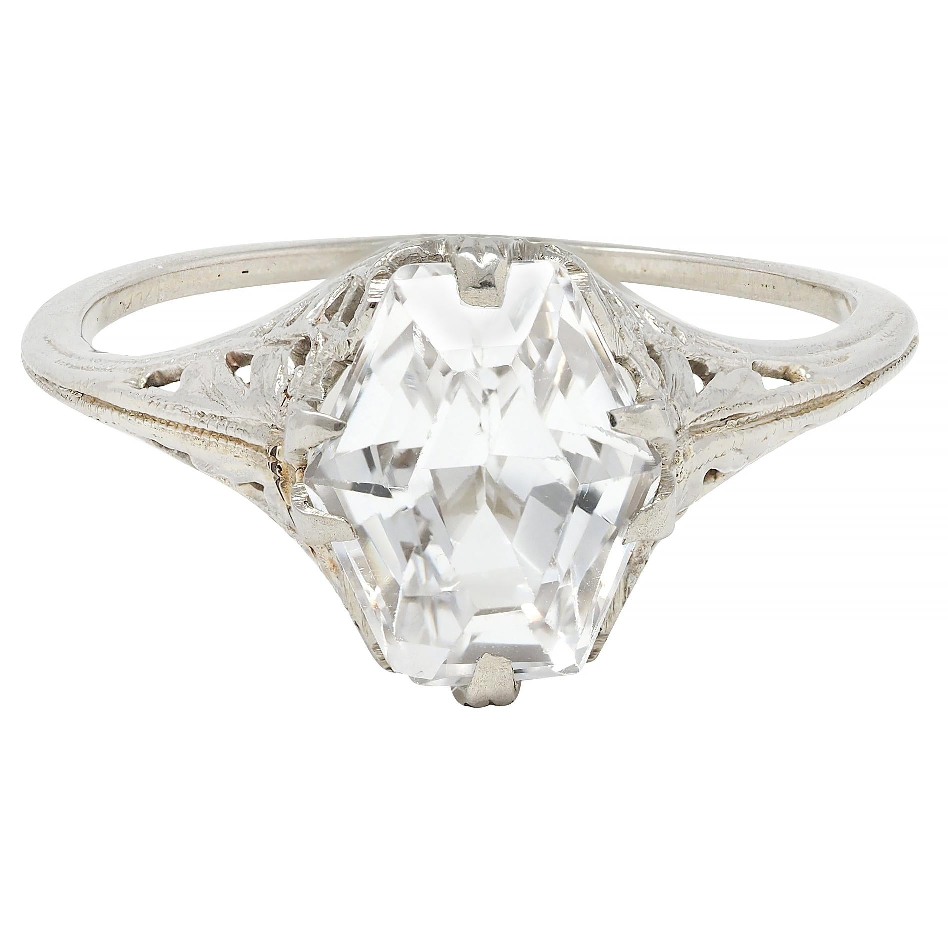 Art Deco Step Cut White Garnet 14 Karat White Gold Vintage Foliate Ring