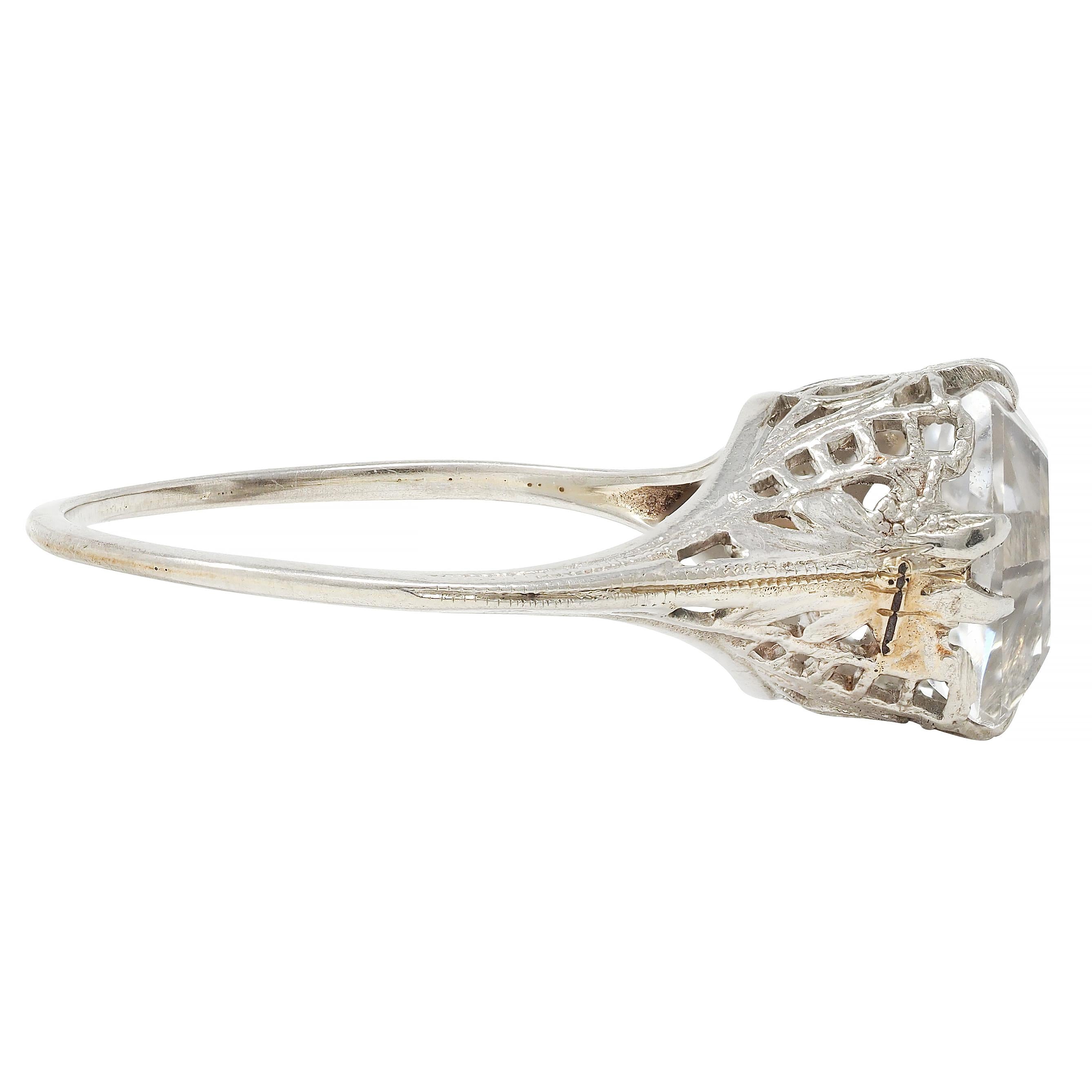 Art Deco Step Cut White Garnet 14 Karat White Gold Vintage Foliate Ring