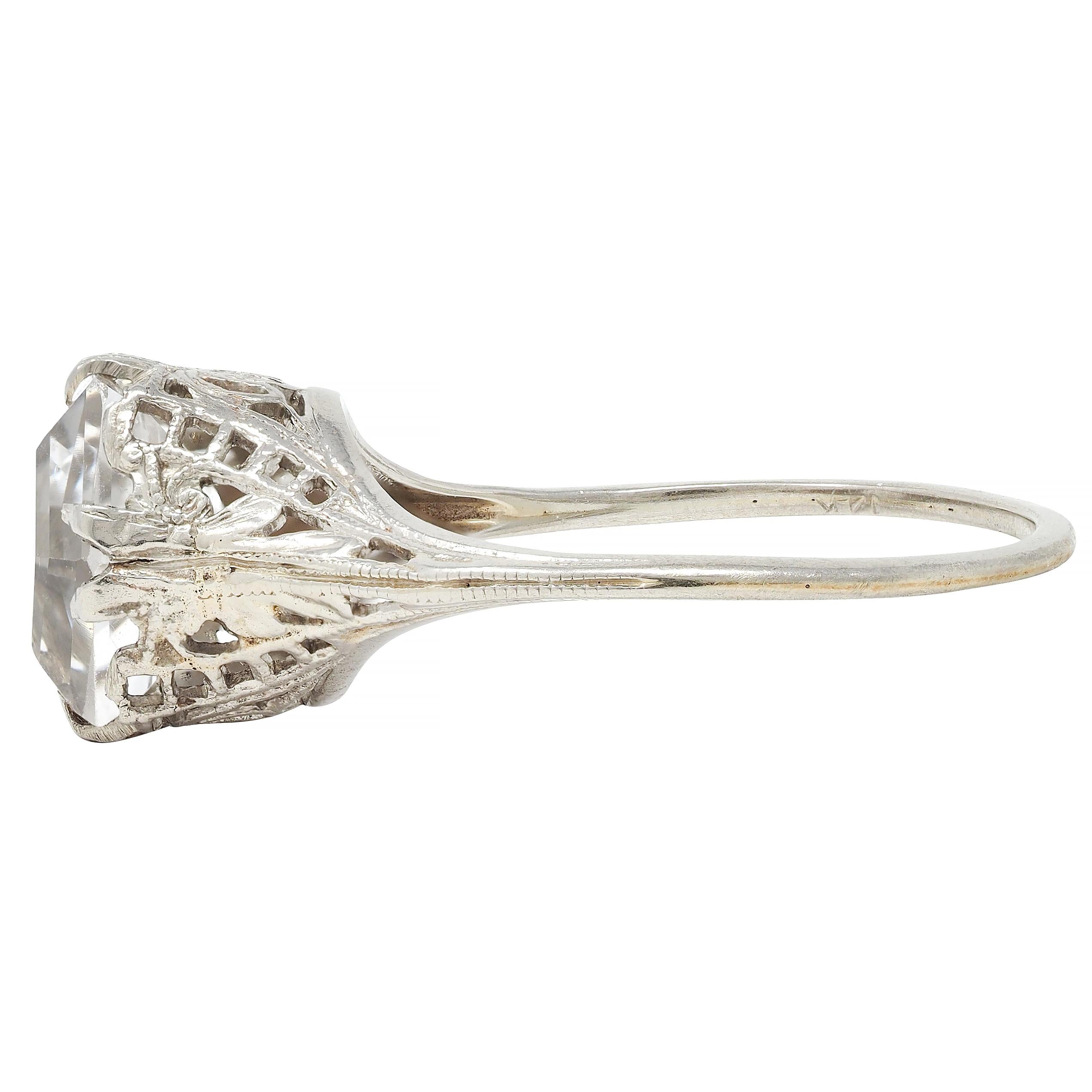 Art Deco Step Cut White Garnet 14 Karat White Gold Vintage Foliate Ring