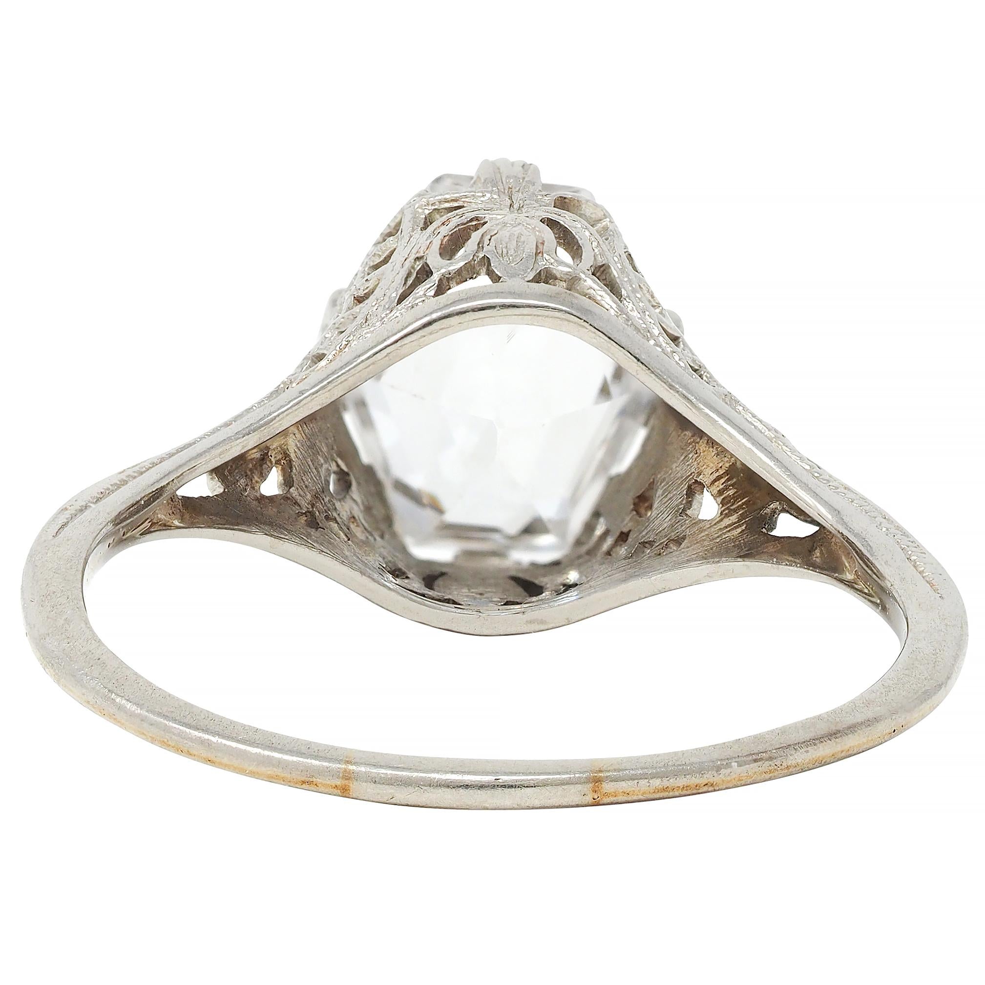 Art Deco Step Cut White Garnet 14 Karat White Gold Vintage Foliate Ring