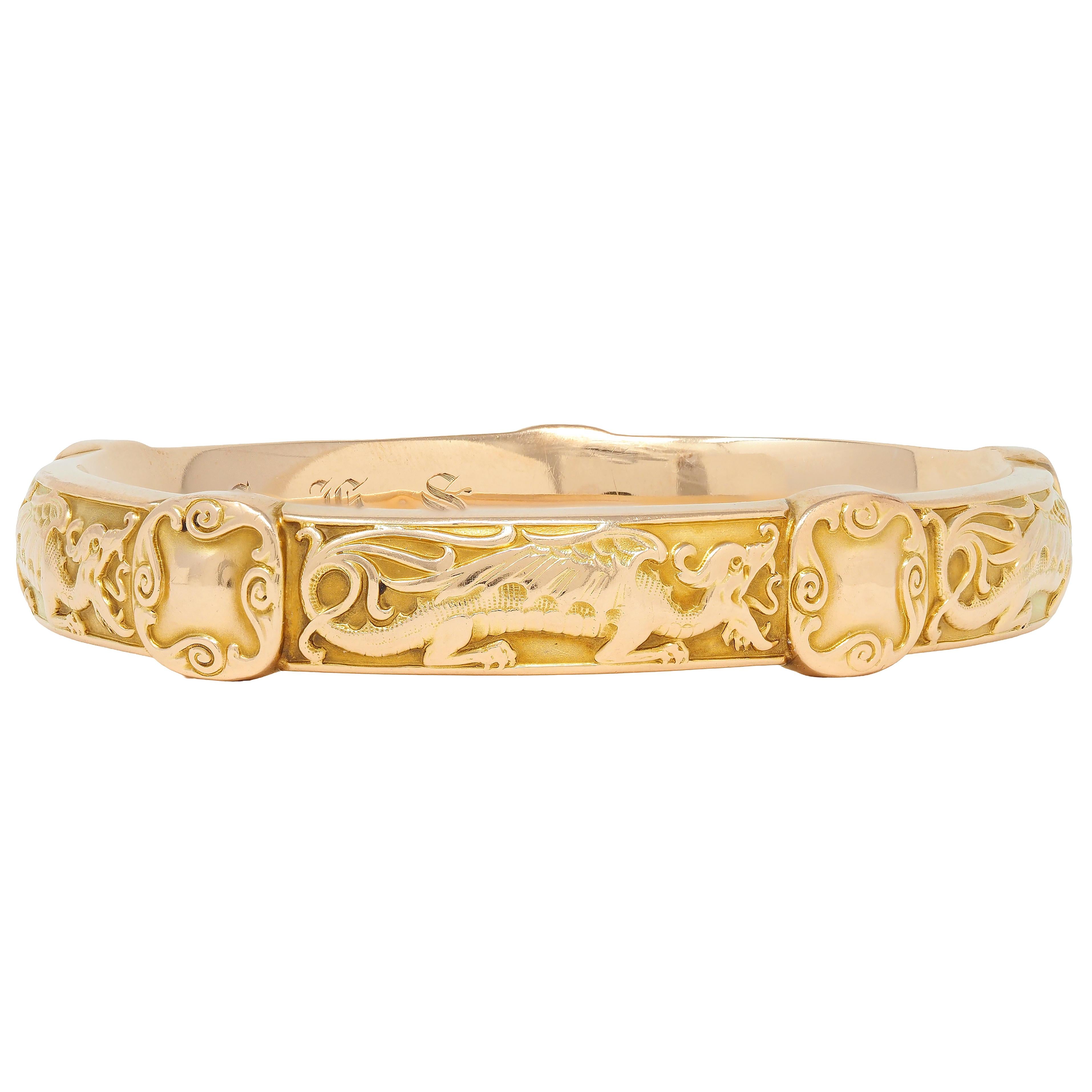 Riker Brothers 1906 Art Nouveau 14K Yellow Gold Antique Dragon Bangle Bracelet