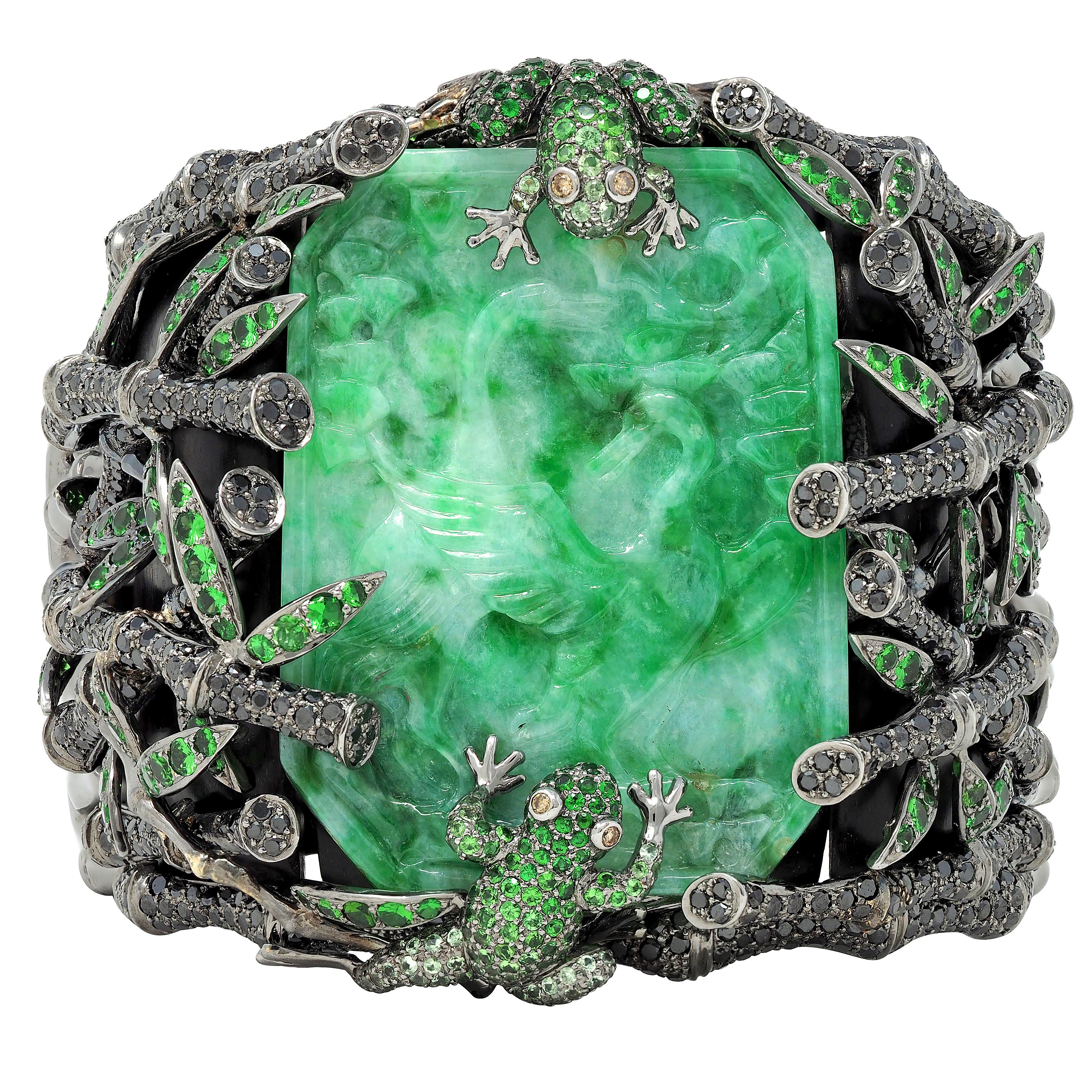Wendy Yue 2013 Jade Garnet Diamond  18K Gold Forbidden Forest Frog Cuff Bracelet