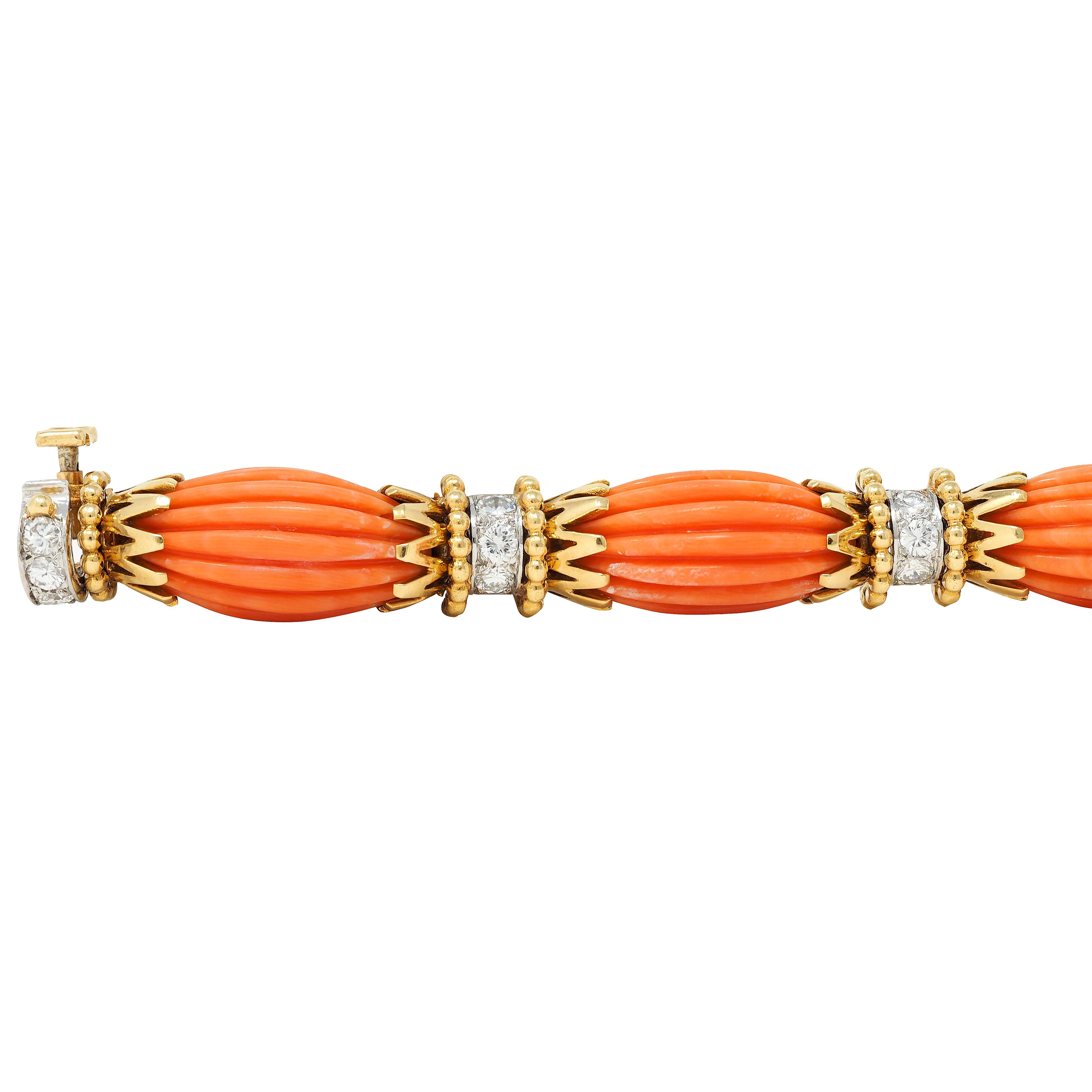 Van Cleef & Arpels 1970's Diamond Fluted Coral 18 Karat Gold Vintage Bracelet