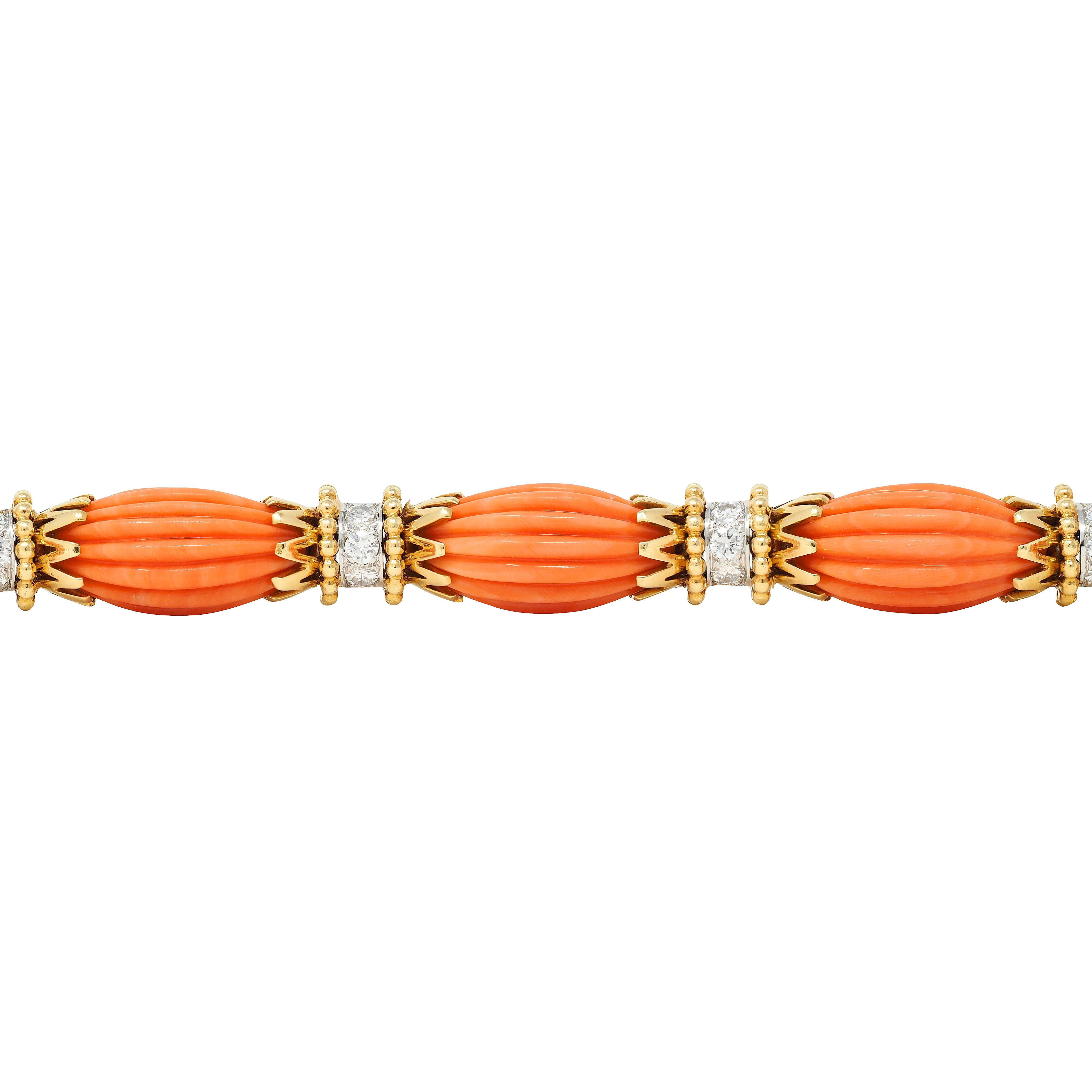 Van Cleef & Arpels 1970's Diamond Fluted Coral 18 Karat Gold Vintage Bracelet