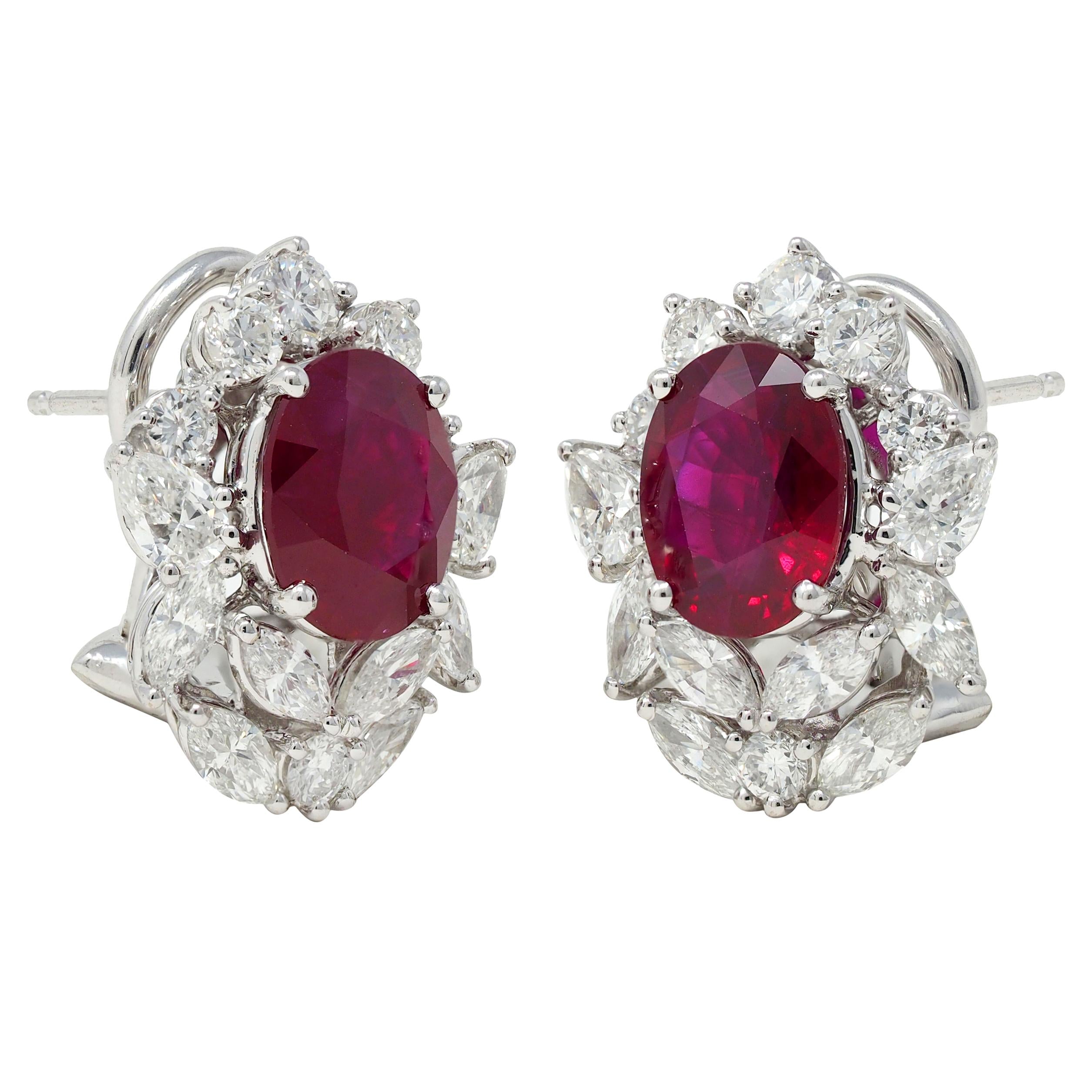7.14 CTW Burma Pigeon's Ruby Diamond 18 Karat Gold Floral Cluster Earrings GIA
