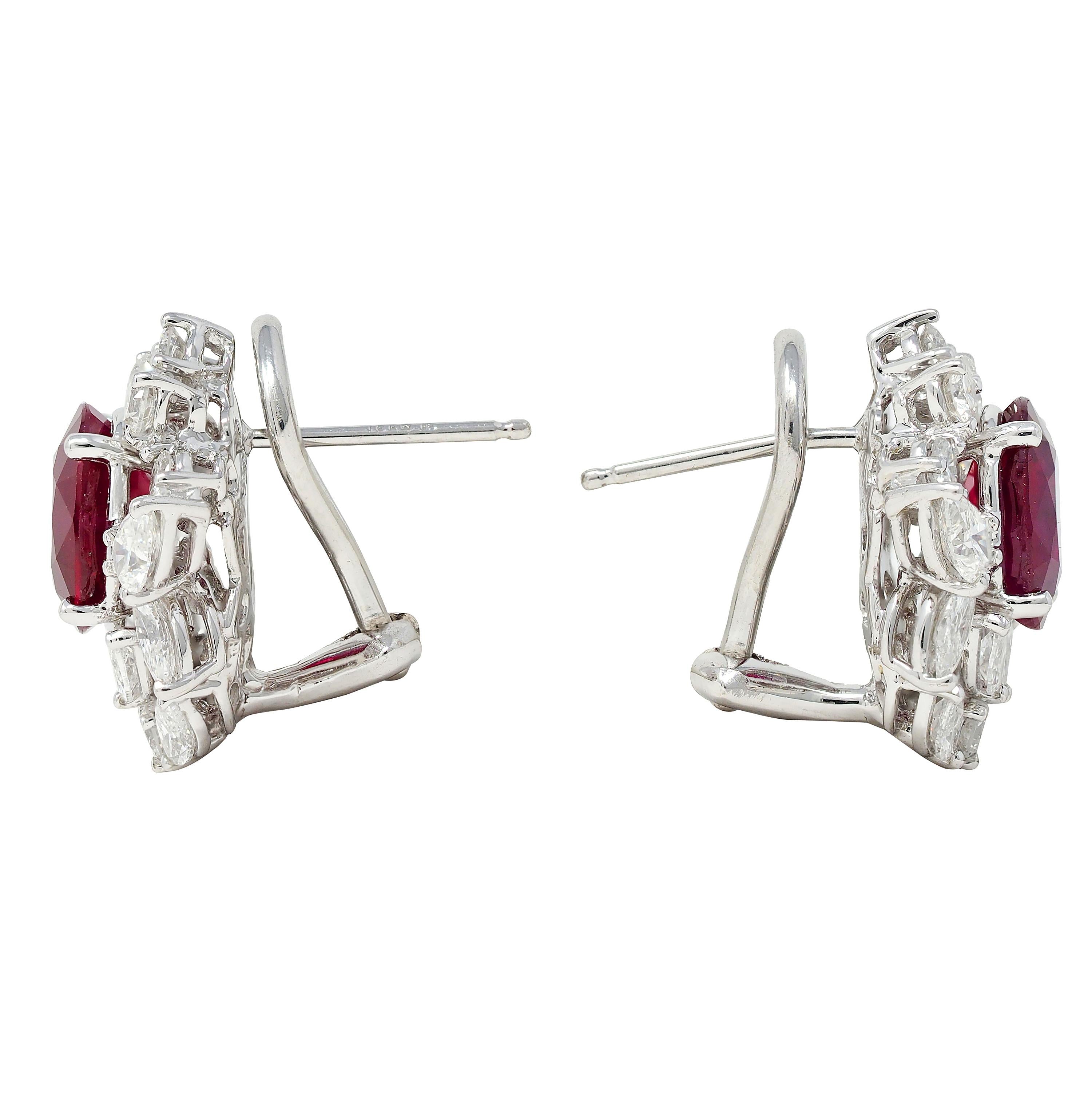 7.14 CTW Burma Pigeon's Ruby Diamond 18 Karat Gold Floral Cluster Earrings GIA