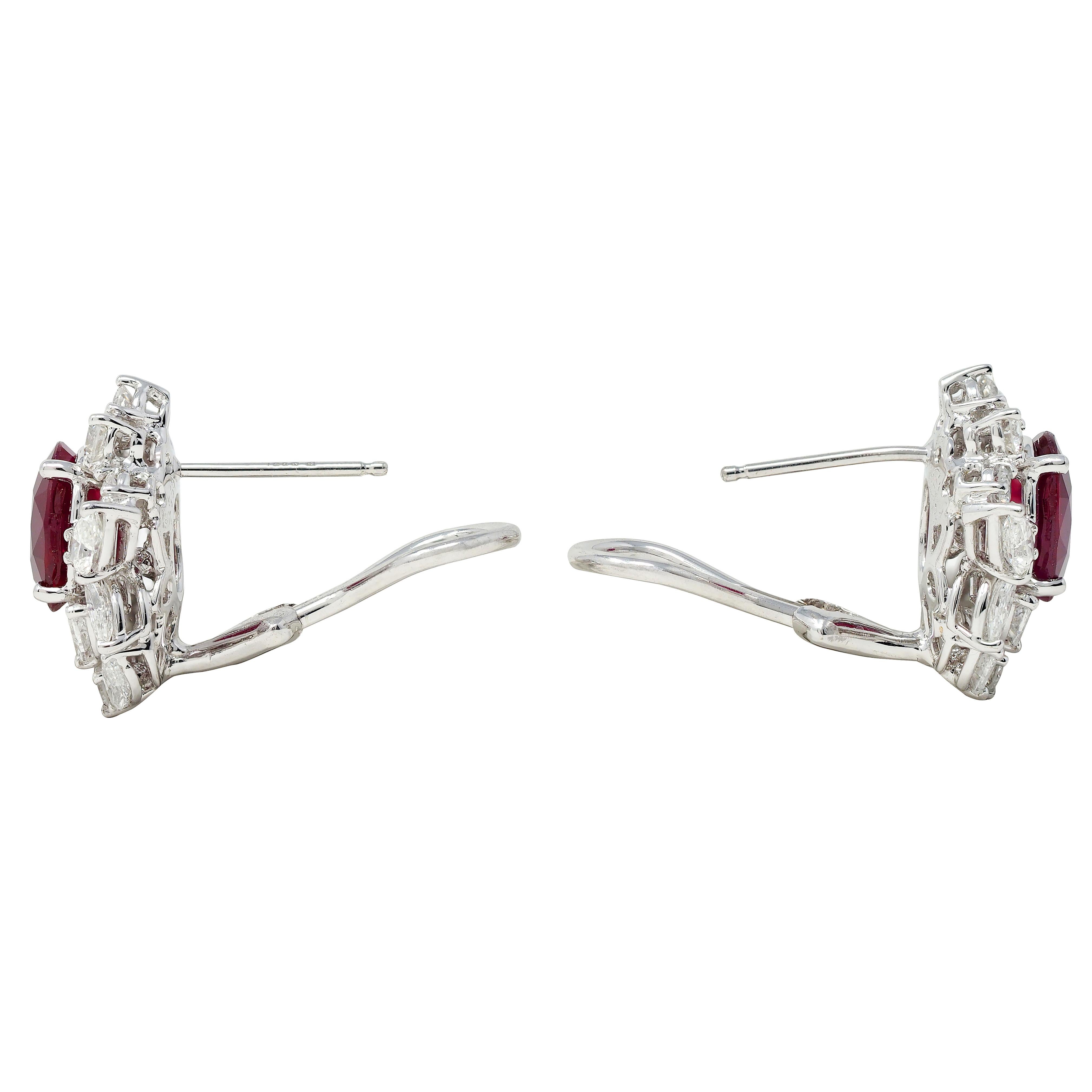 7.14 CTW Burma Pigeon's Ruby Diamond 18 Karat Gold Floral Cluster Earrings GIA