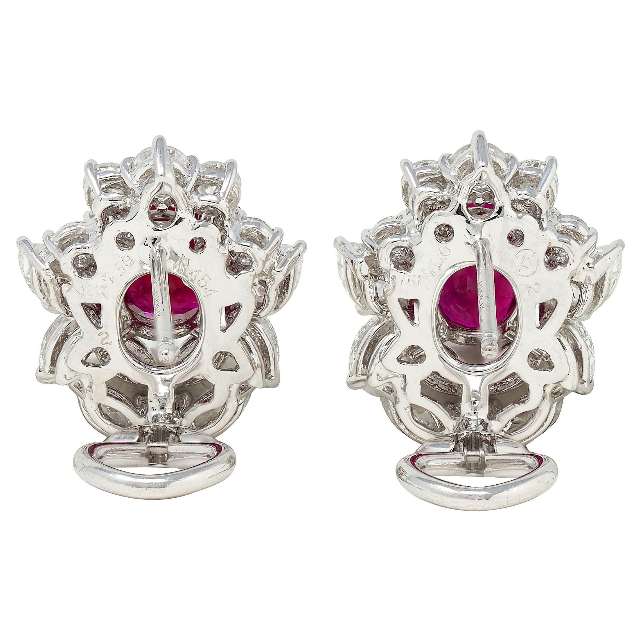 7.14 CTW Burma Pigeon's Ruby Diamond 18 Karat Gold Floral Cluster Earrings GIA