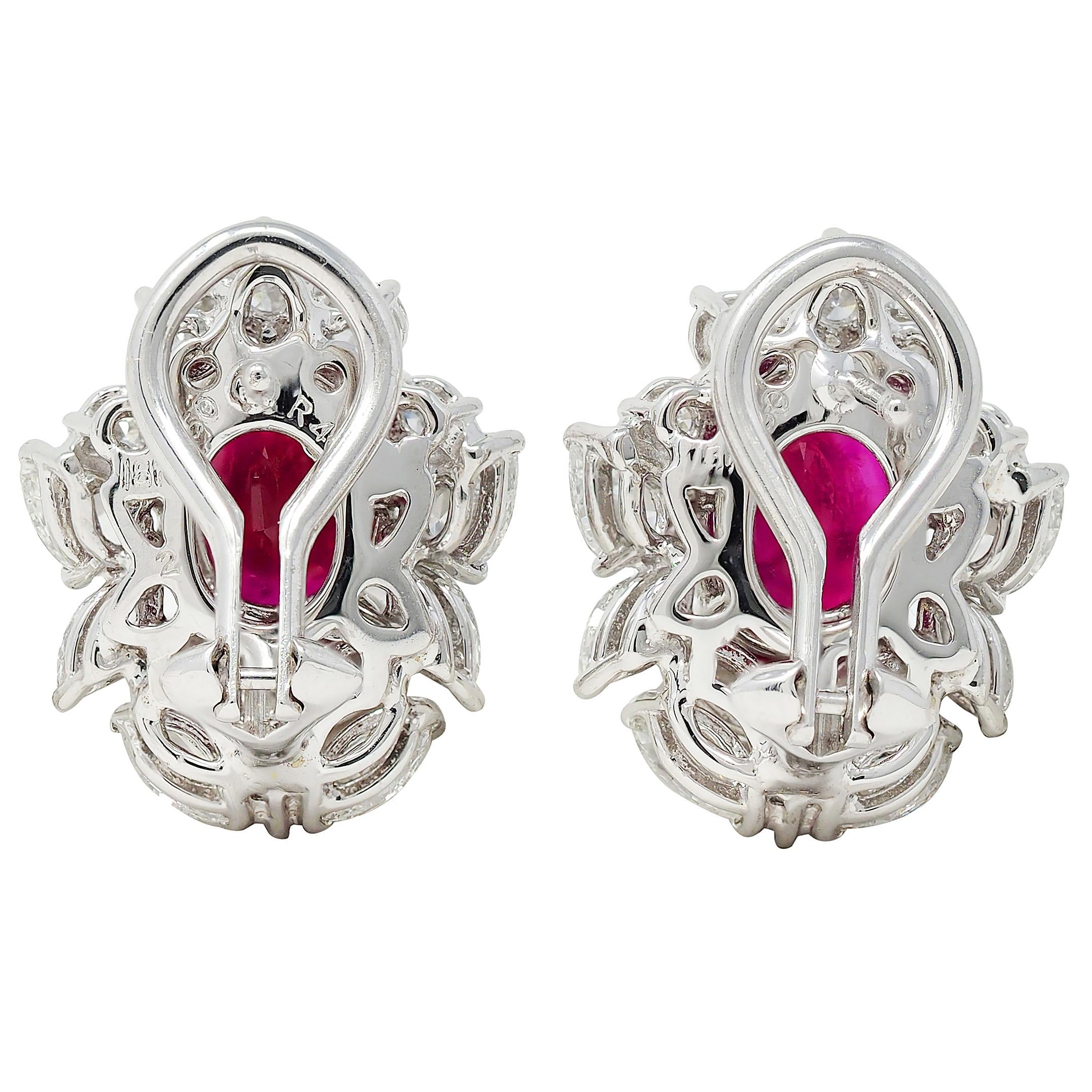 7.14 CTW Burma Pigeon's Ruby Diamond 18 Karat Gold Floral Cluster Earrings GIA