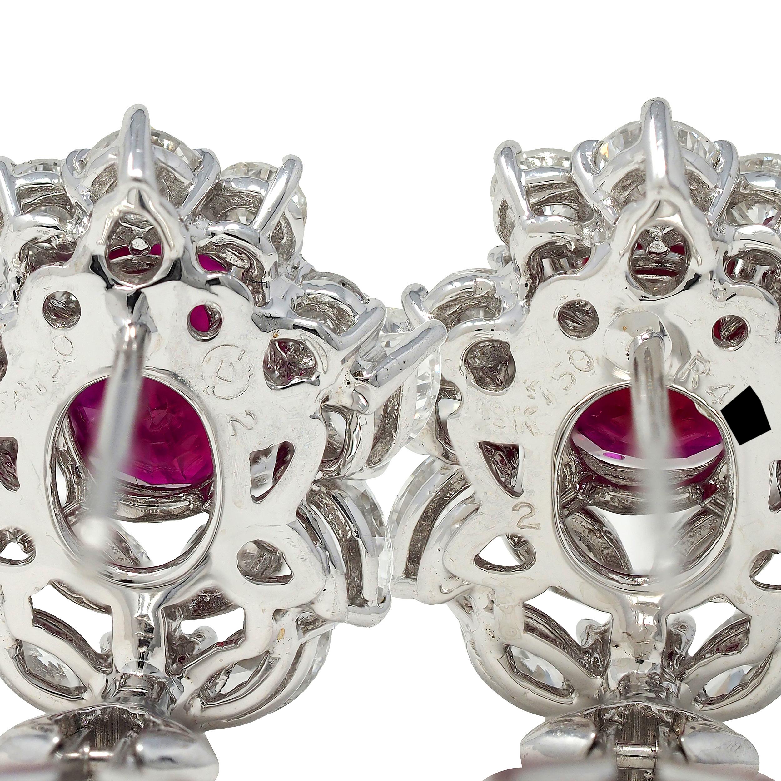 7.14 CTW Burma Pigeon's Ruby Diamond 18 Karat Gold Floral Cluster Earrings GIA