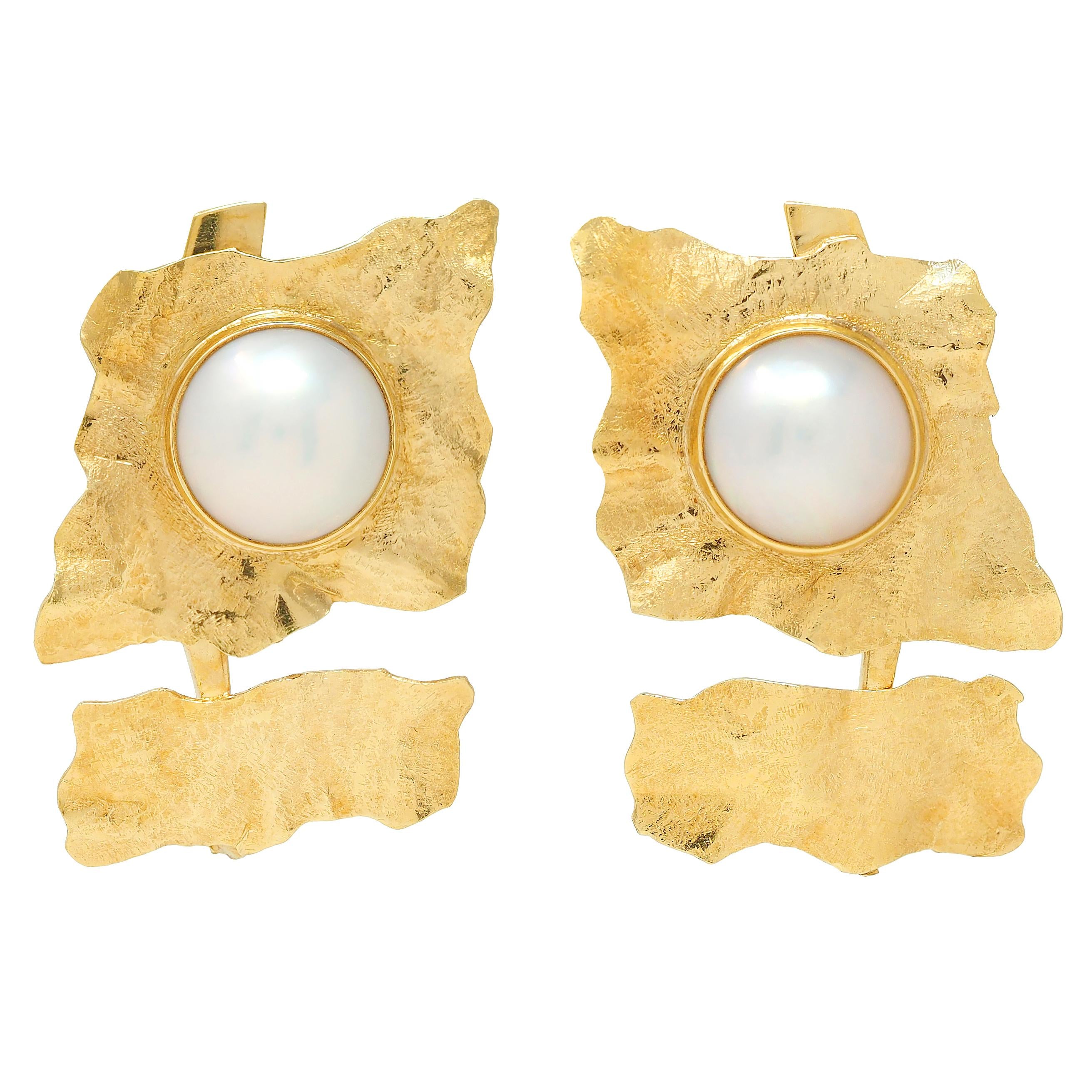 Tom Odell 1980's Mabe Pearl 18 Karat Gold Vintage Studio Art Flower Earrings