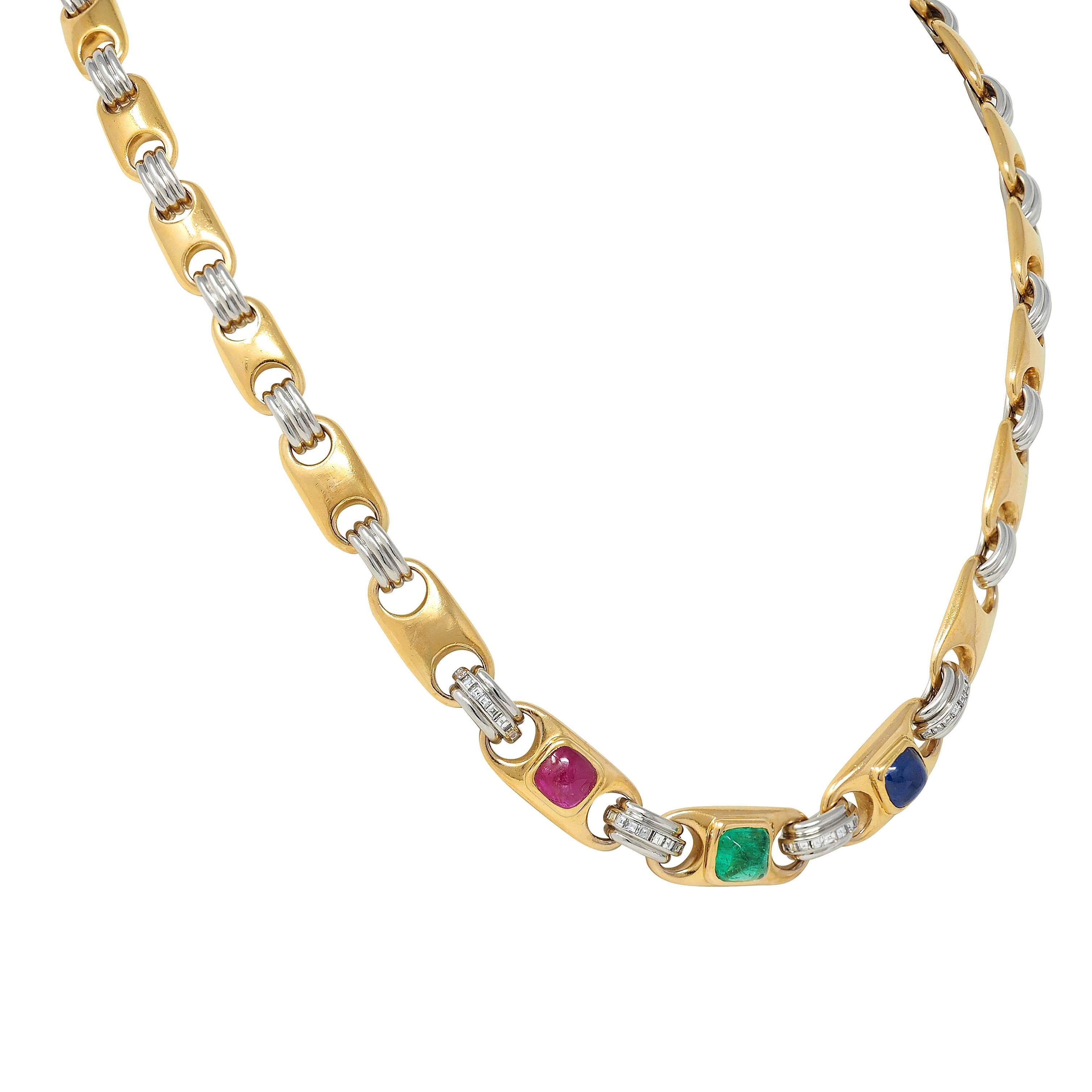 Bulgari Diamond Multi-Gem Ruby 18K Gold Platinum Mariner Link Chain Necklace