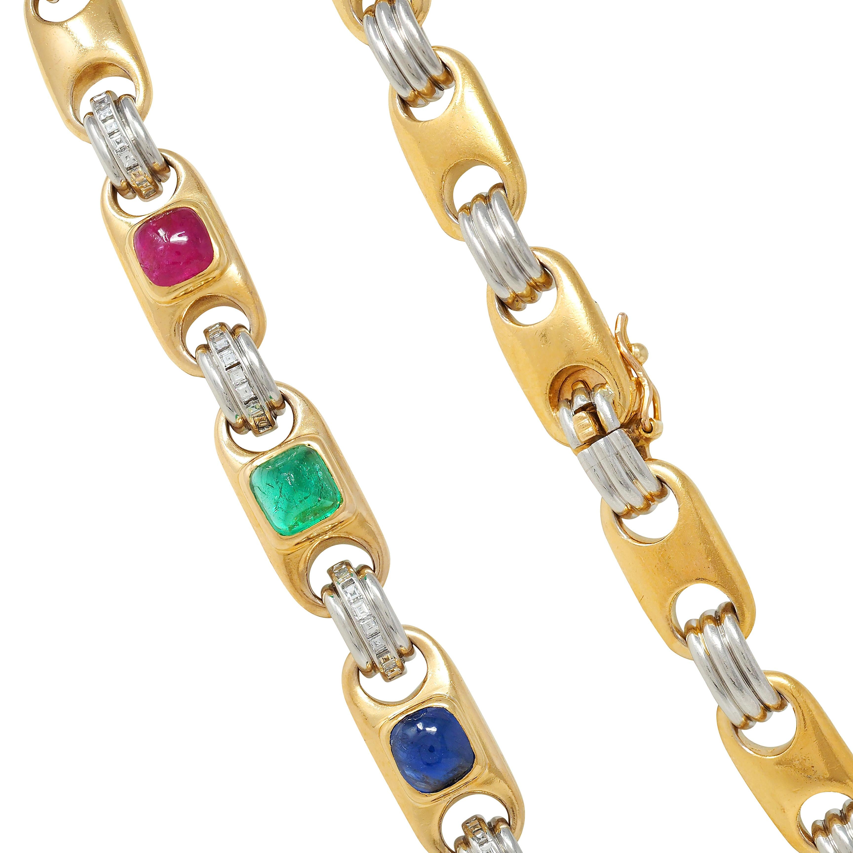 Bulgari Diamond Multi-Gem Ruby 18K Gold Platinum Mariner Link Chain Necklace