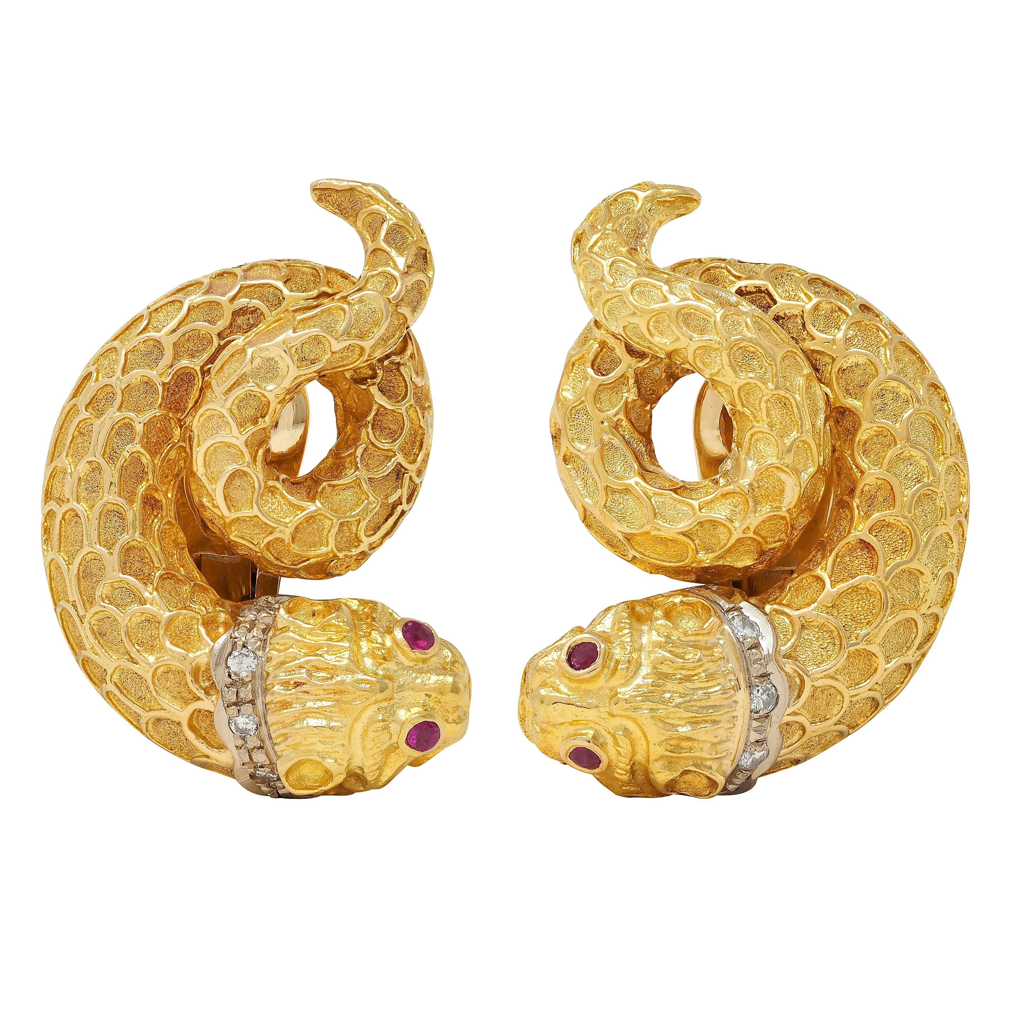 Ilias LaLaounis 1980's Diamond Ruby 18K Gold Vintage Chimera Ear-Clip Earrings