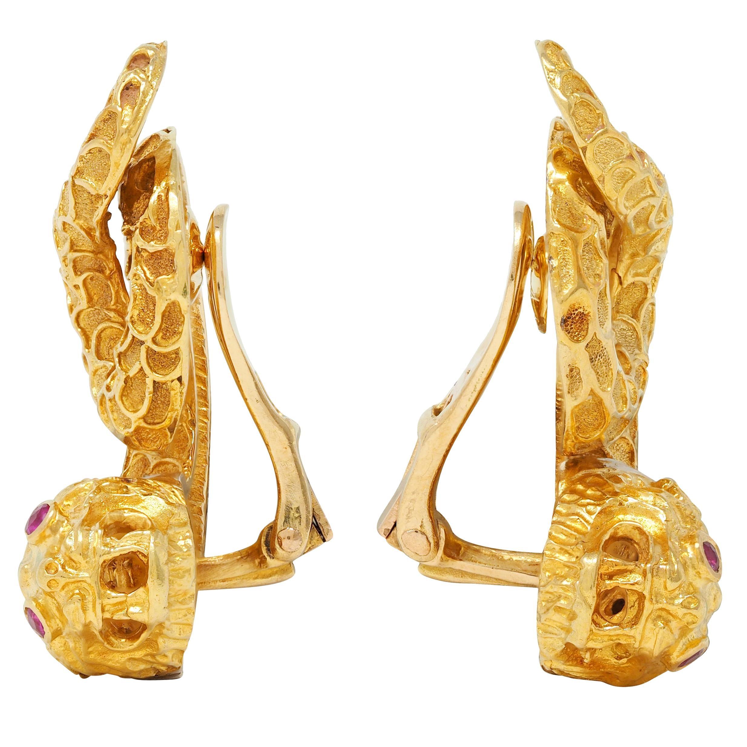 Ilias LaLaounis 1980's Diamond Ruby 18K Gold Vintage Chimera Ear-Clip Earrings