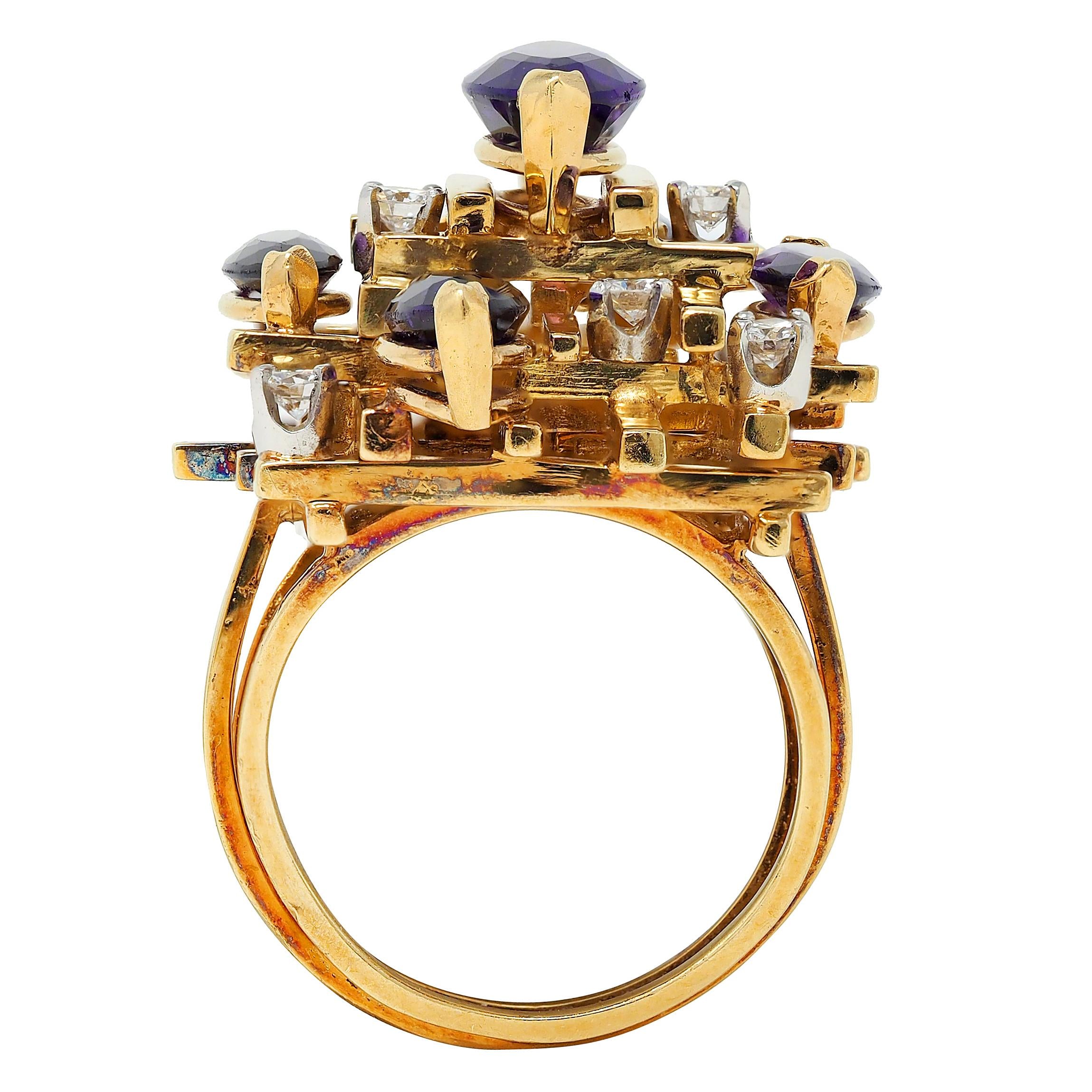 Henry Dunay Modernist Diamond Amethyst Platinum 18K Vintage Gold Cocktail Ring