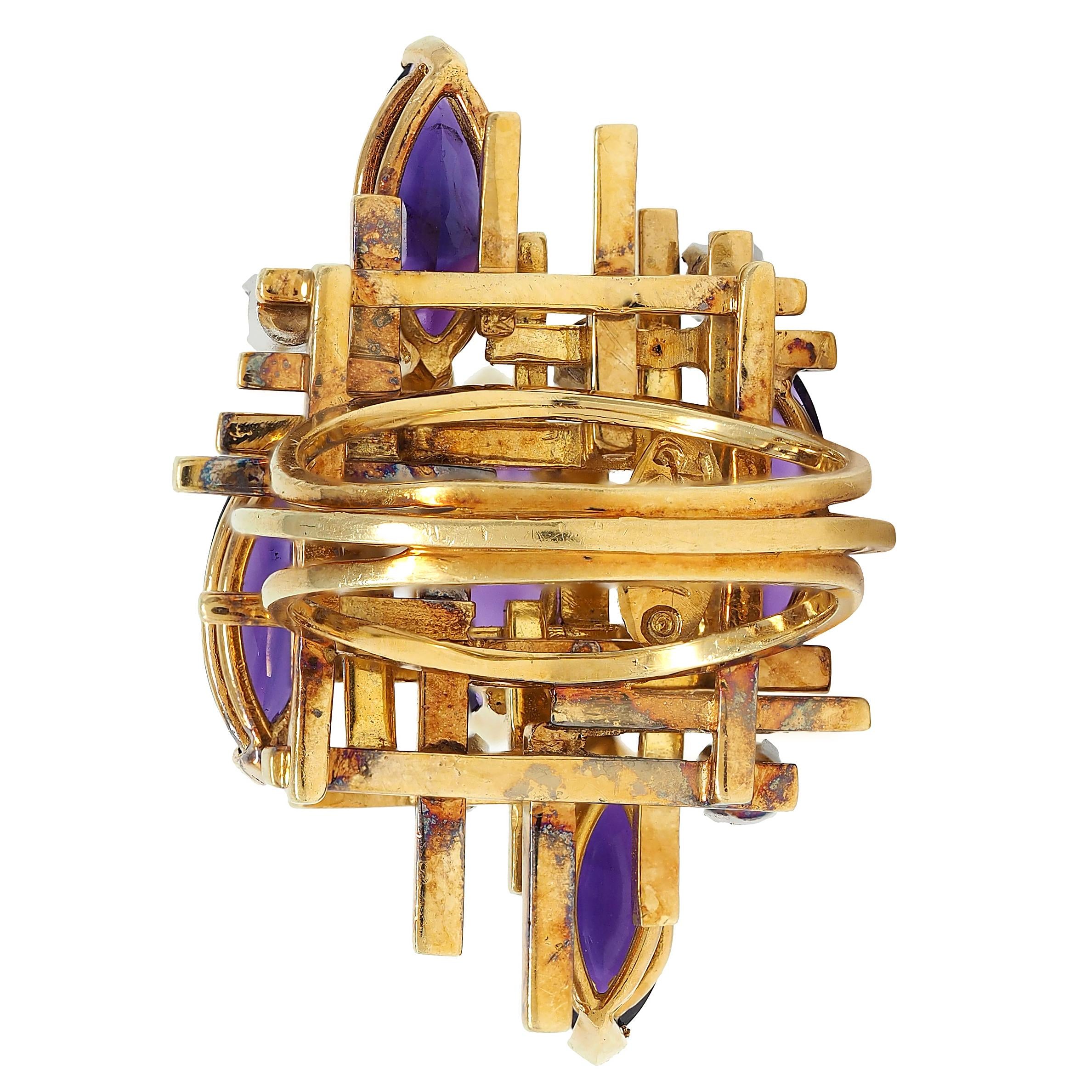 Henry Dunay Modernist Diamond Amethyst Platinum 18K Vintage Gold Cocktail Ring