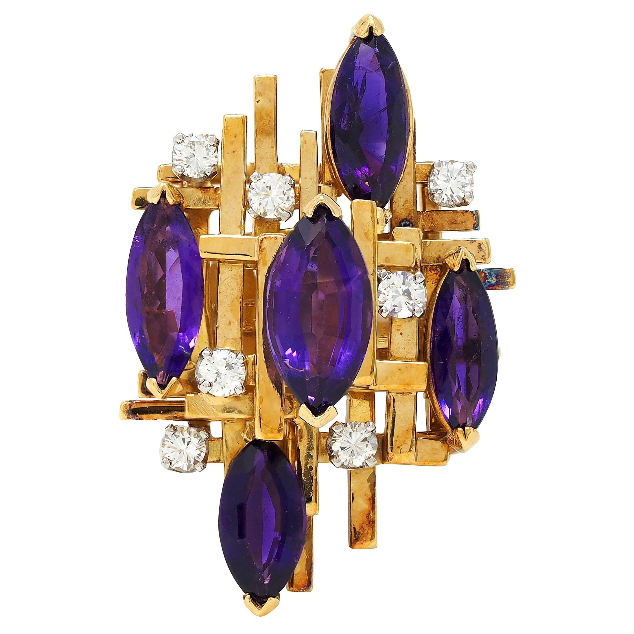 Henry Dunay Modernist Diamond Amethyst Platinum 18K Vintage Gold Cocktail Ring