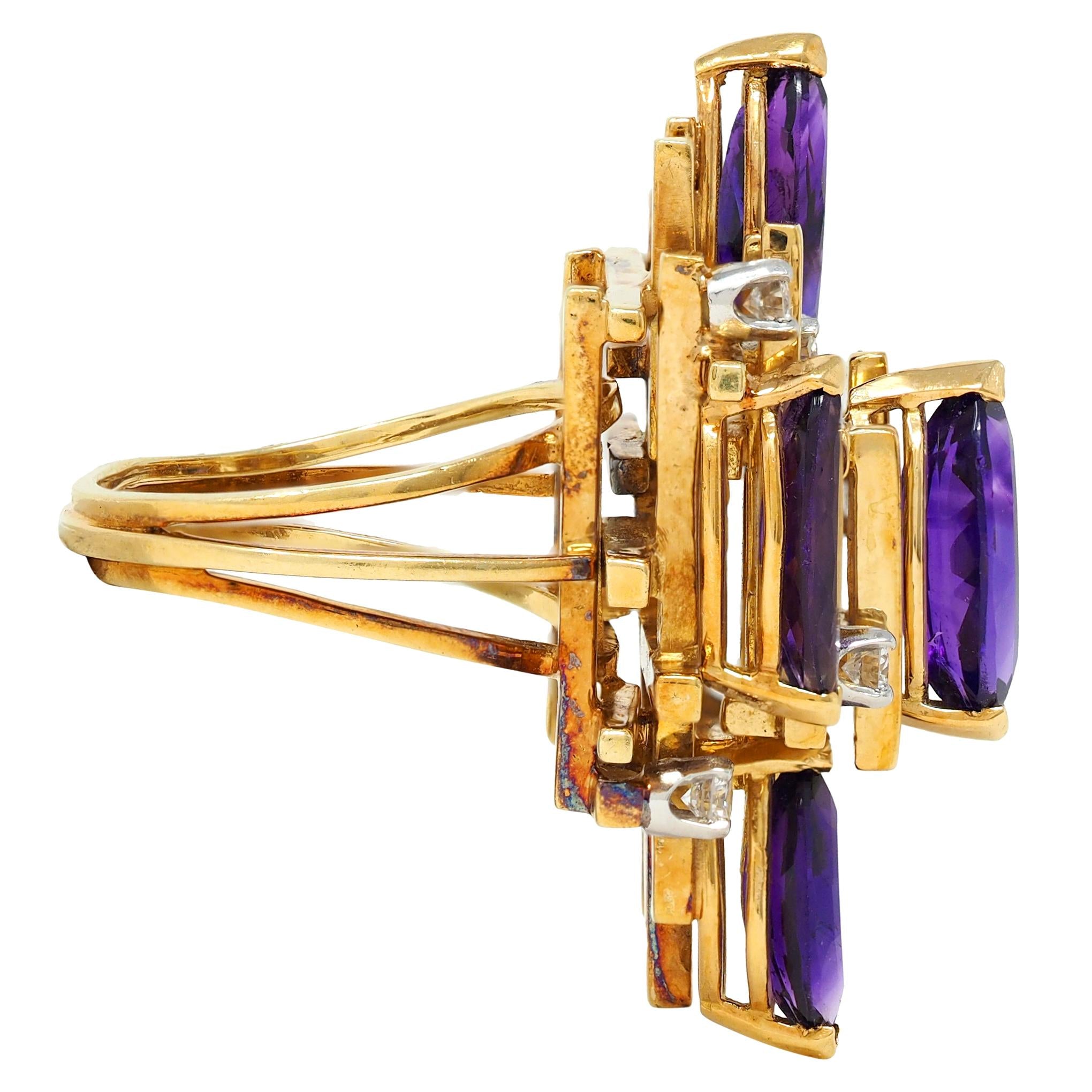 Henry Dunay Modernist Diamond Amethyst Platinum 18K Vintage Gold Cocktail Ring