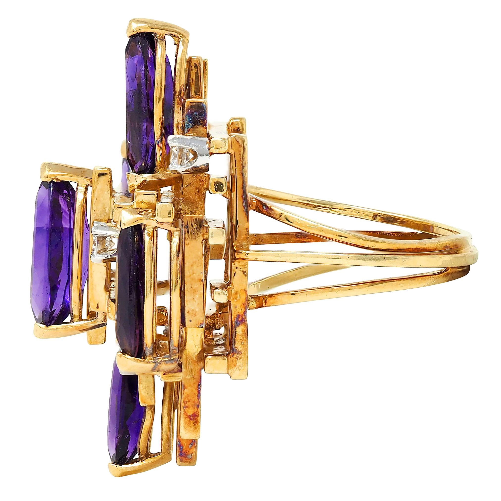 Henry Dunay Modernist Diamond Amethyst Platinum 18K Vintage Gold Cocktail Ring