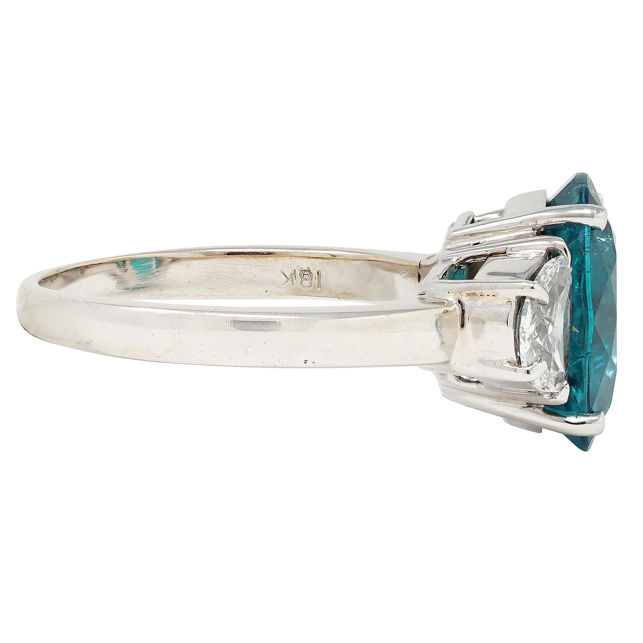 2000's 5.16 CTW Tourmaline Diamond 18 Karat White Gold Three Stone Ring GIA