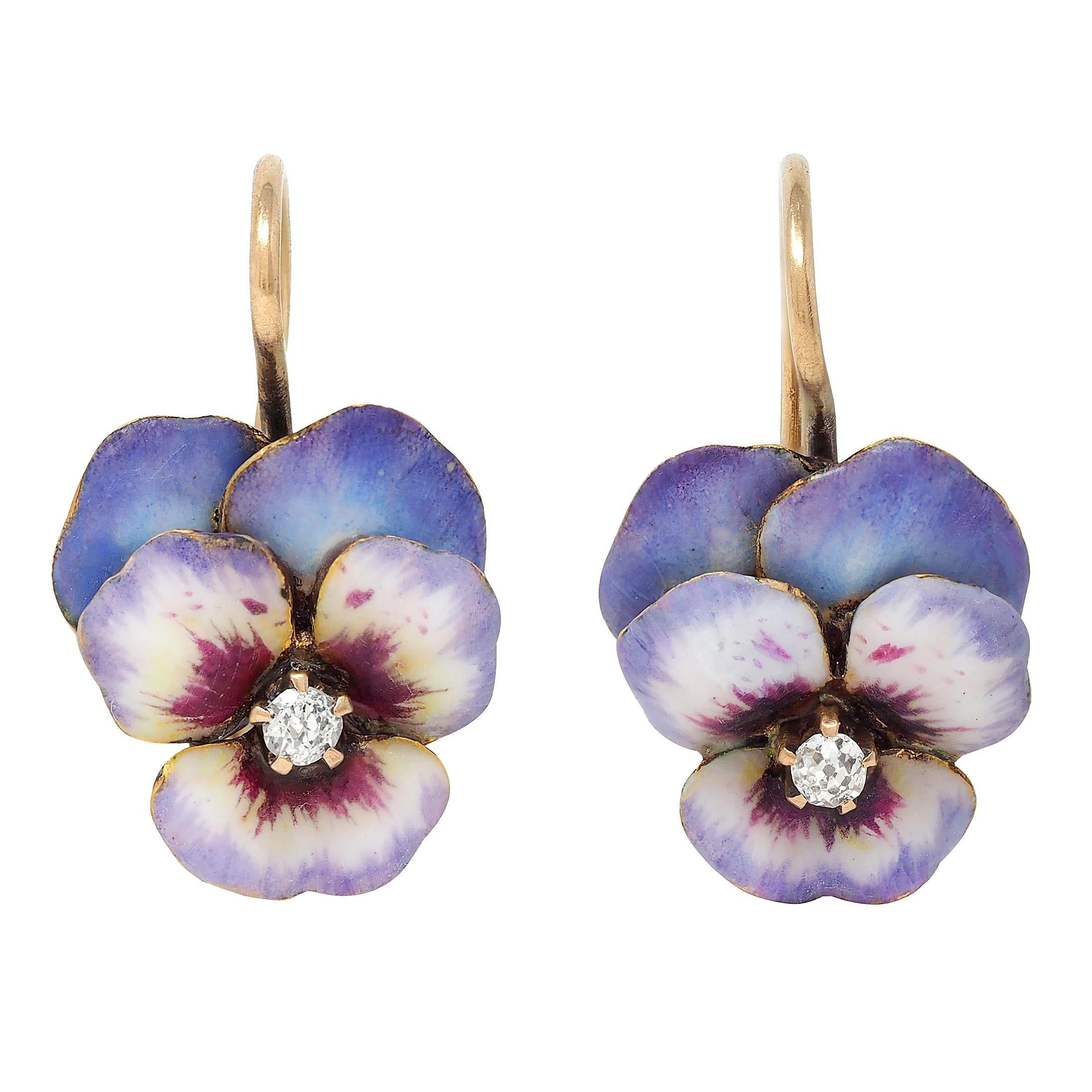 Art Nouveau Diamond Enamel 18 Karat Yellow Gold Antique Pansy Earrings