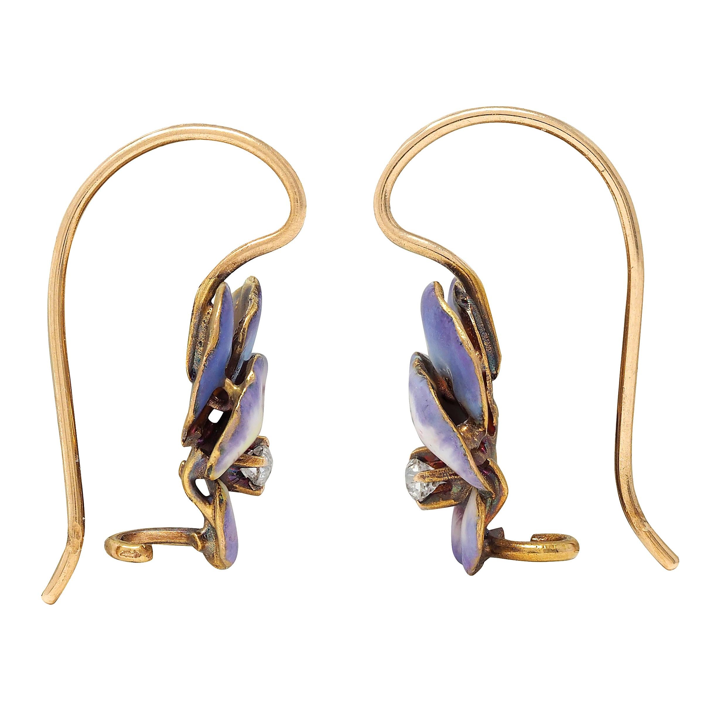 Art Nouveau Diamond Enamel 18 Karat Yellow Gold Antique Pansy Earrings