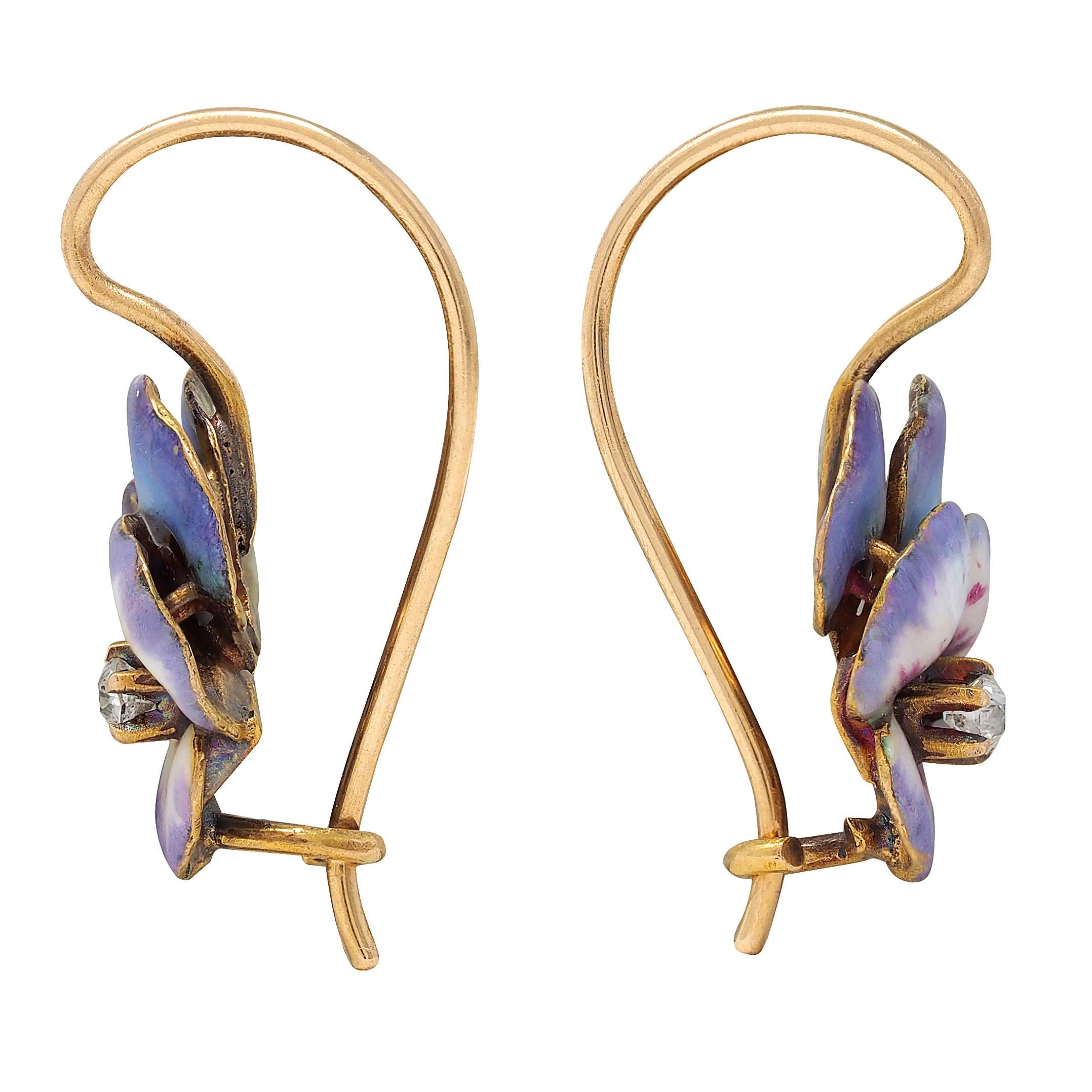 Art Nouveau Diamond Enamel 18 Karat Yellow Gold Antique Pansy Earrings