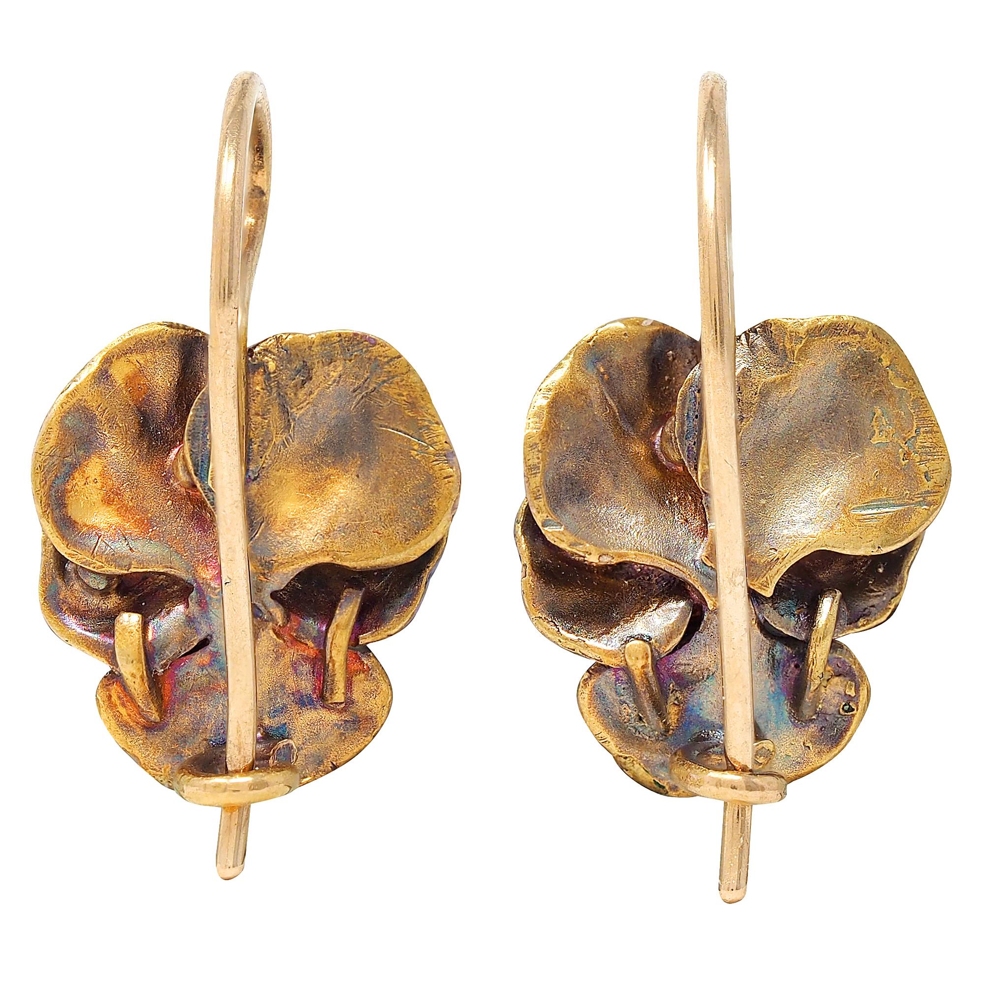 Art Nouveau Diamond Enamel 18 Karat Yellow Gold Antique Pansy Earrings