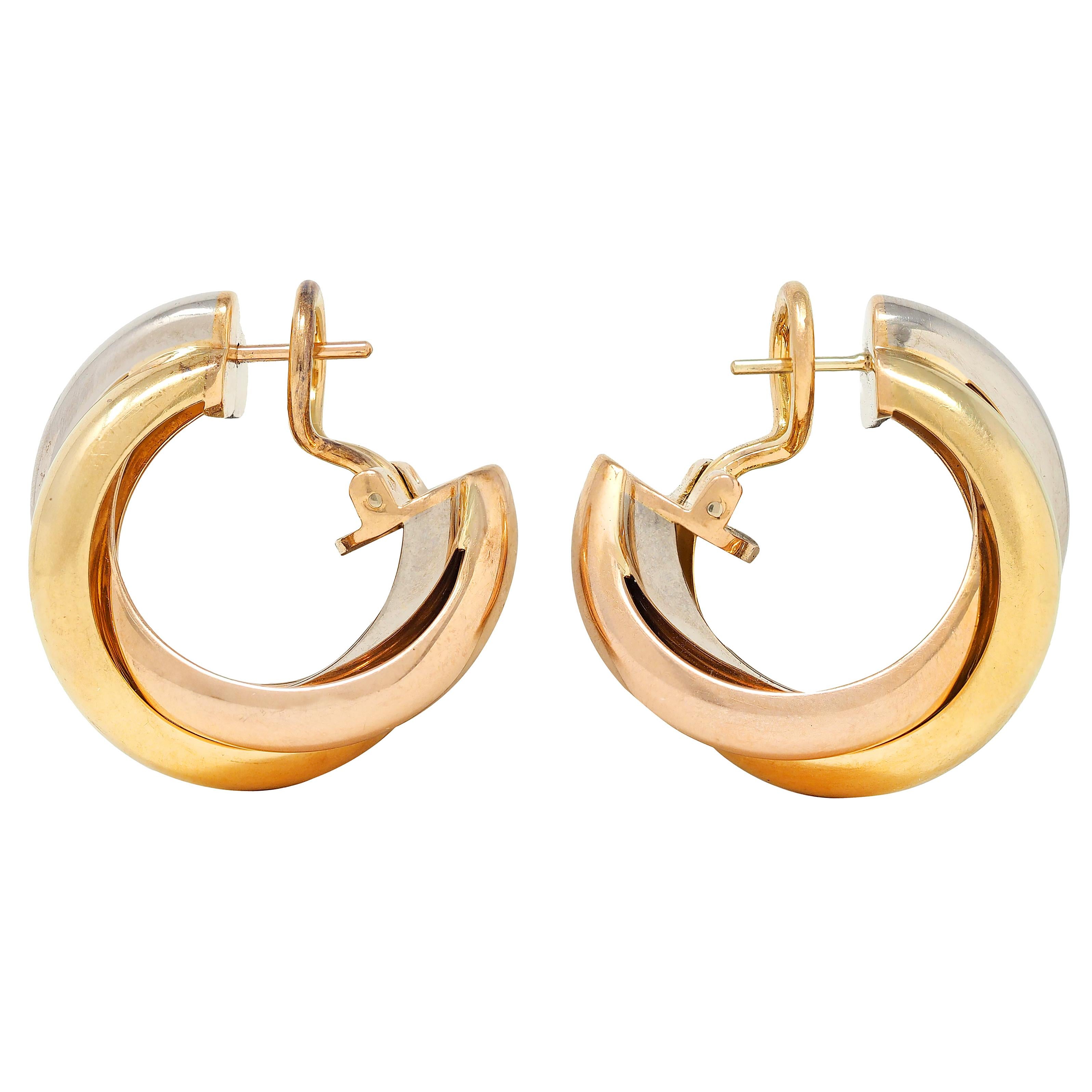 Cartier French 1990's 18 Karat Tri-Gold Rose Vintage Trinity Hoop Earrings
