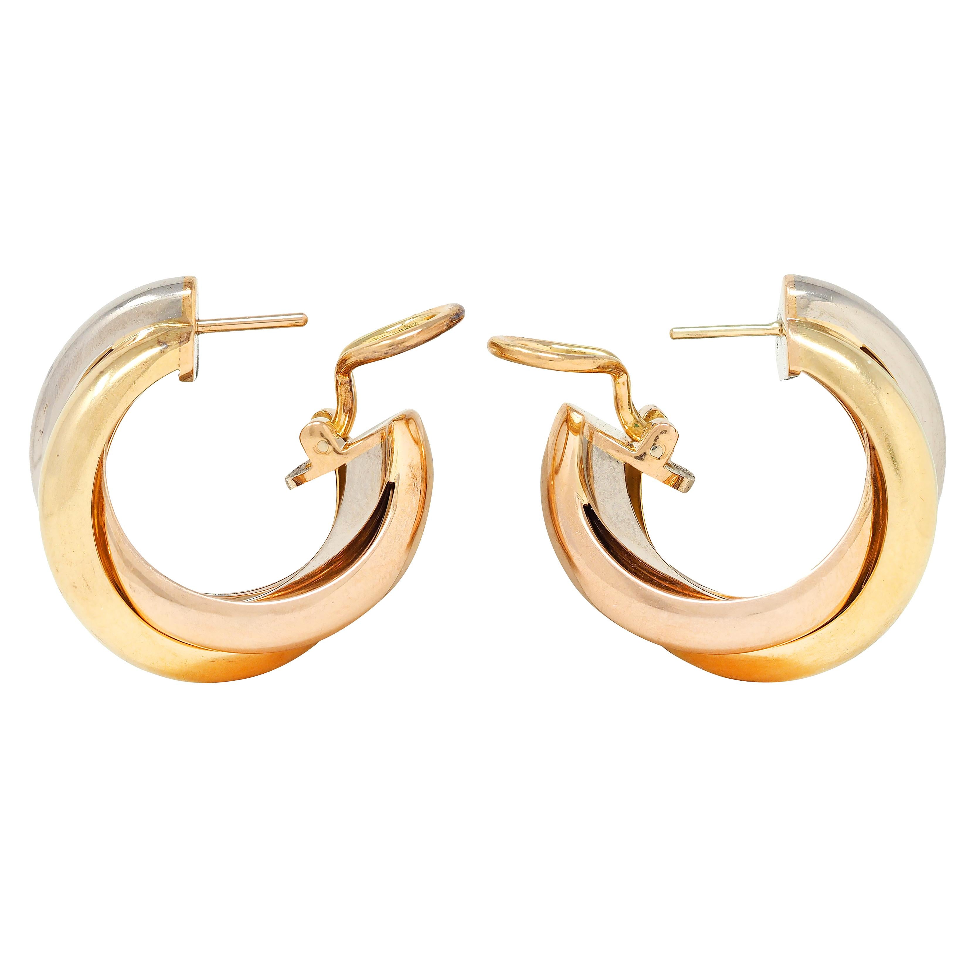 Cartier French 1990's 18 Karat Tri-Gold Rose Vintage Trinity Hoop Earrings