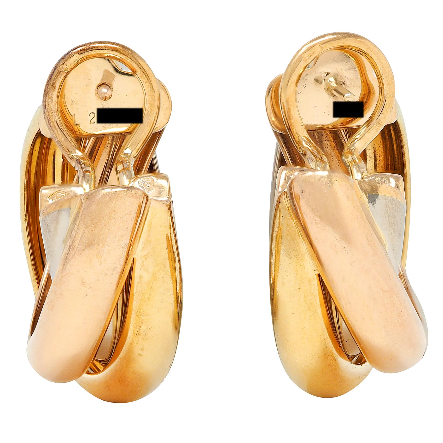 Cartier French 1990's 18 Karat Tri-Gold Rose Vintage Trinity Hoop Earrings