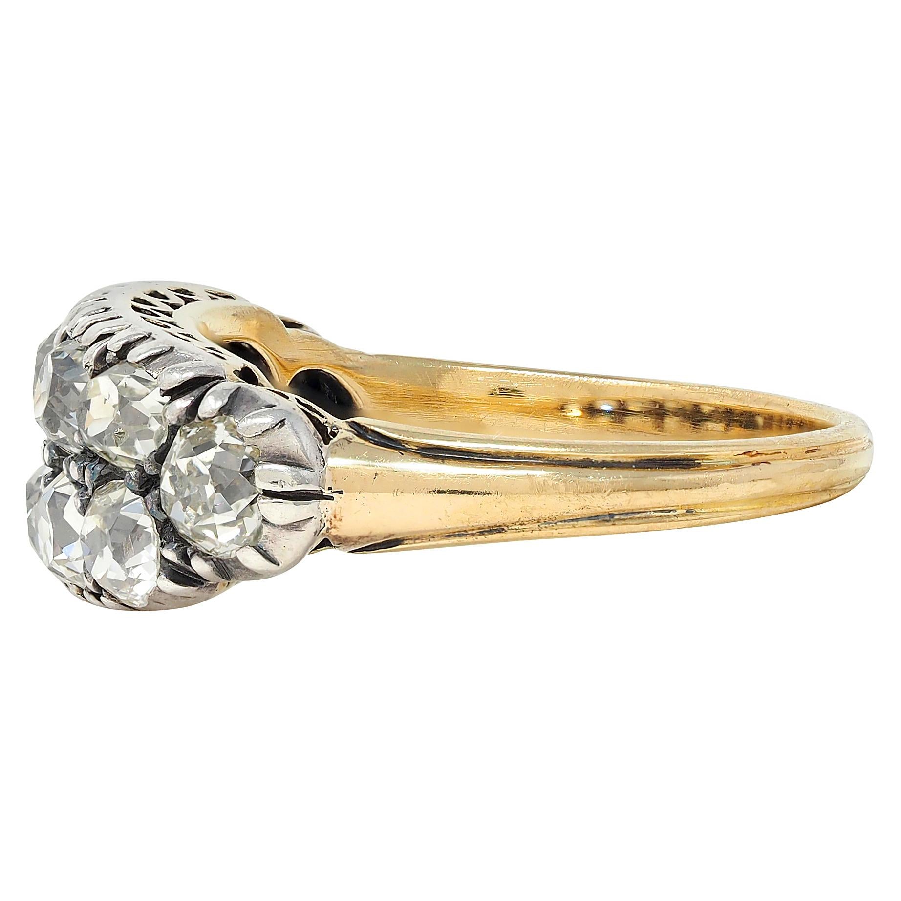 Victorian 1.80 CTW Old Mine Diamond Silver 18K Gold Antique Double Row Band Ring