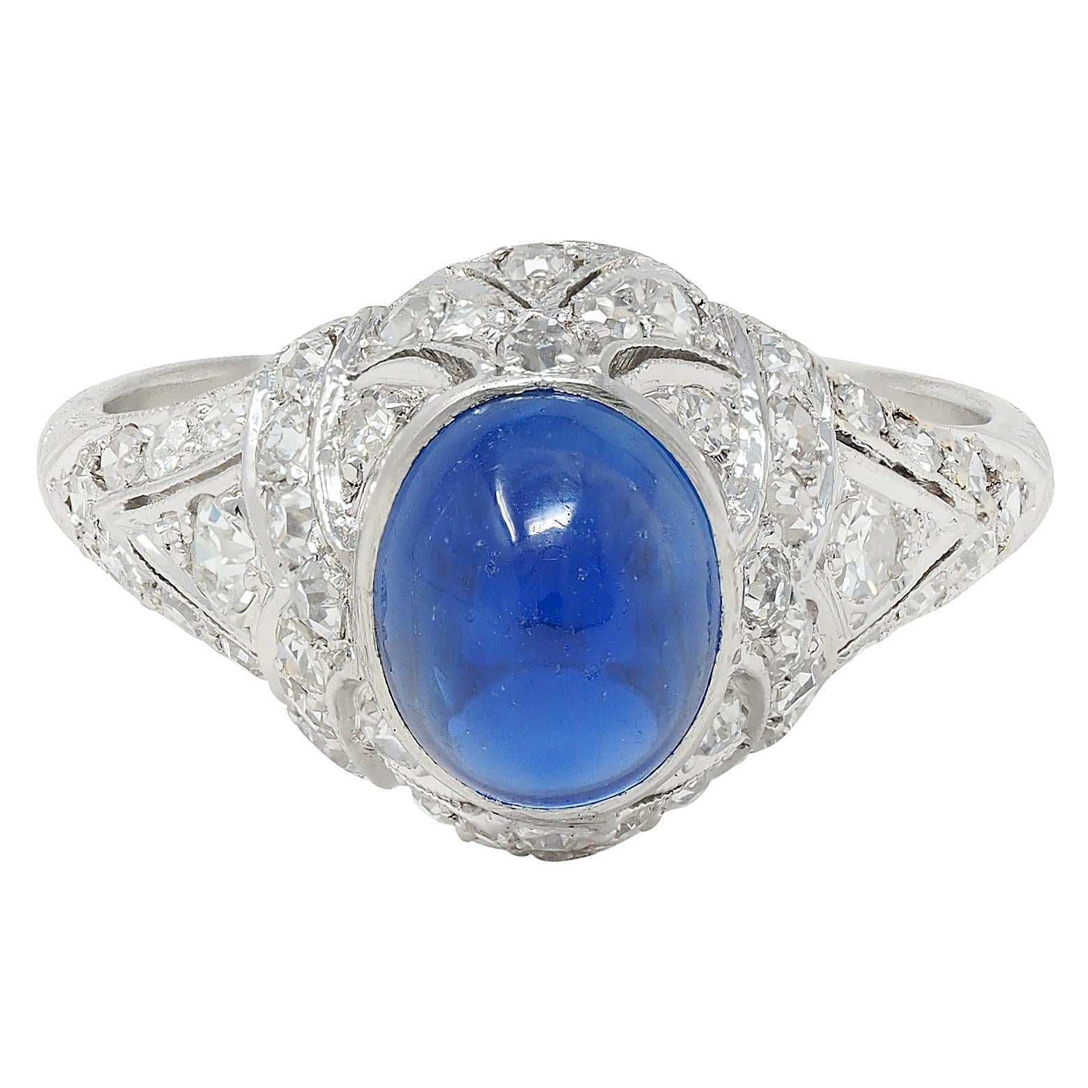 Art Deco 4.20 CTW Bullet Cabochon Sapphire Diamond Platinum Vintage Bombé Ring