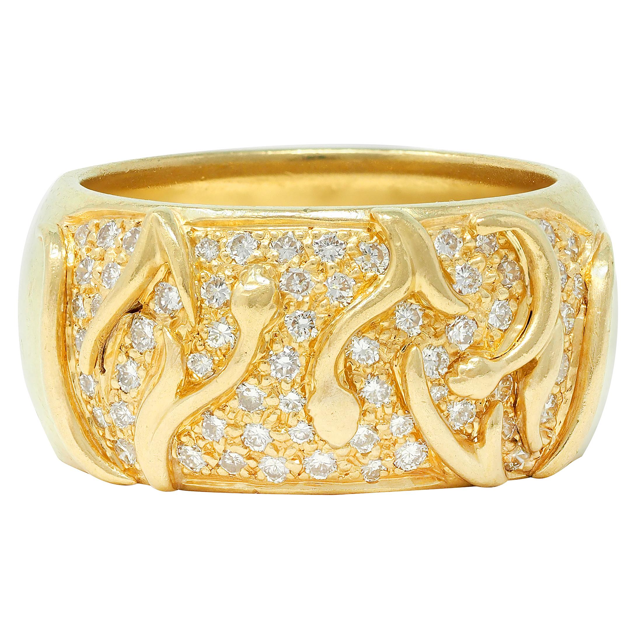 Jose Hess 1980's Diamond 18 Karat Yellow Gold Floral Vintage Wide Band Ring