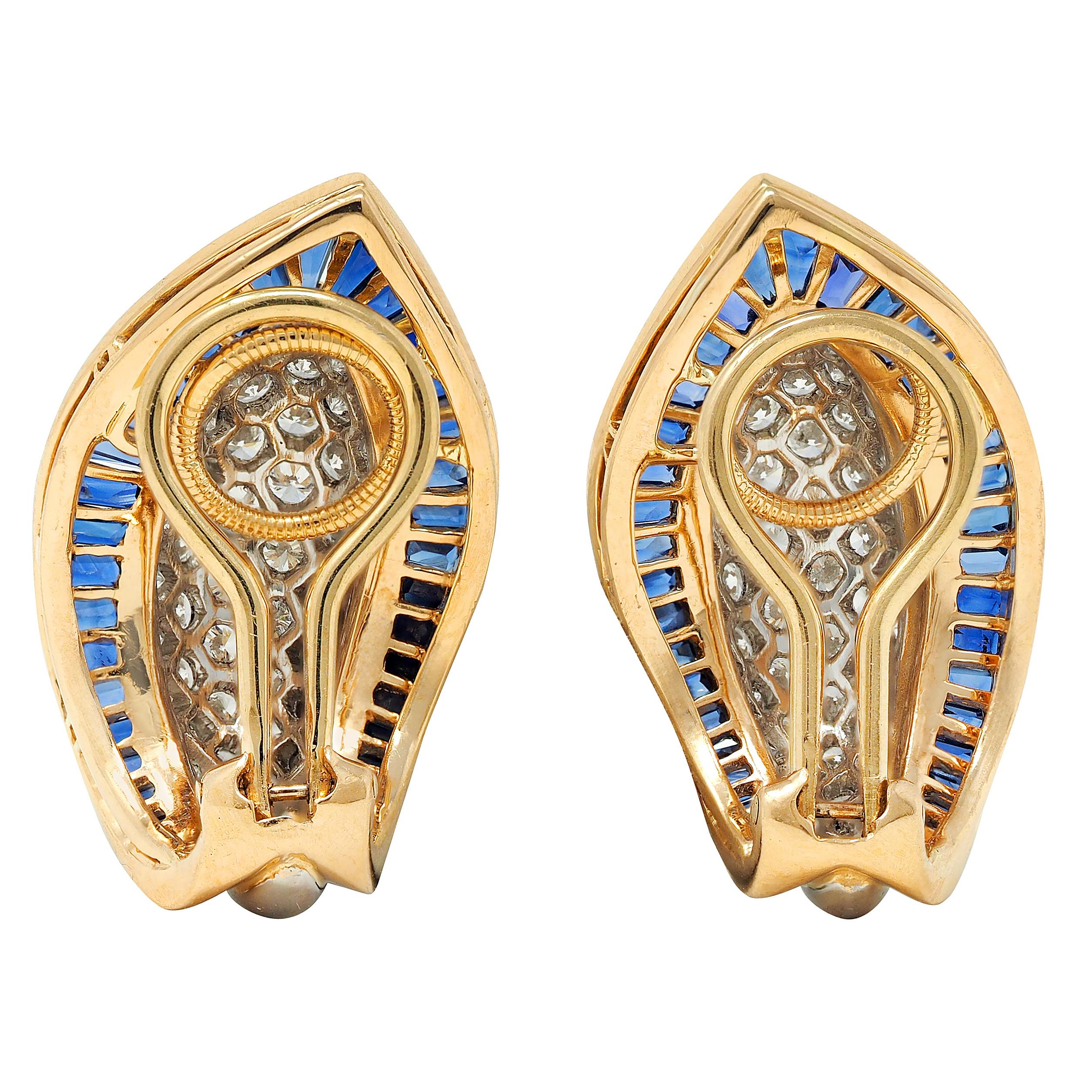 Oscar Heyman Sapphire Diamond Platinum 18K Gold Vintage Ear-Clip Earrings