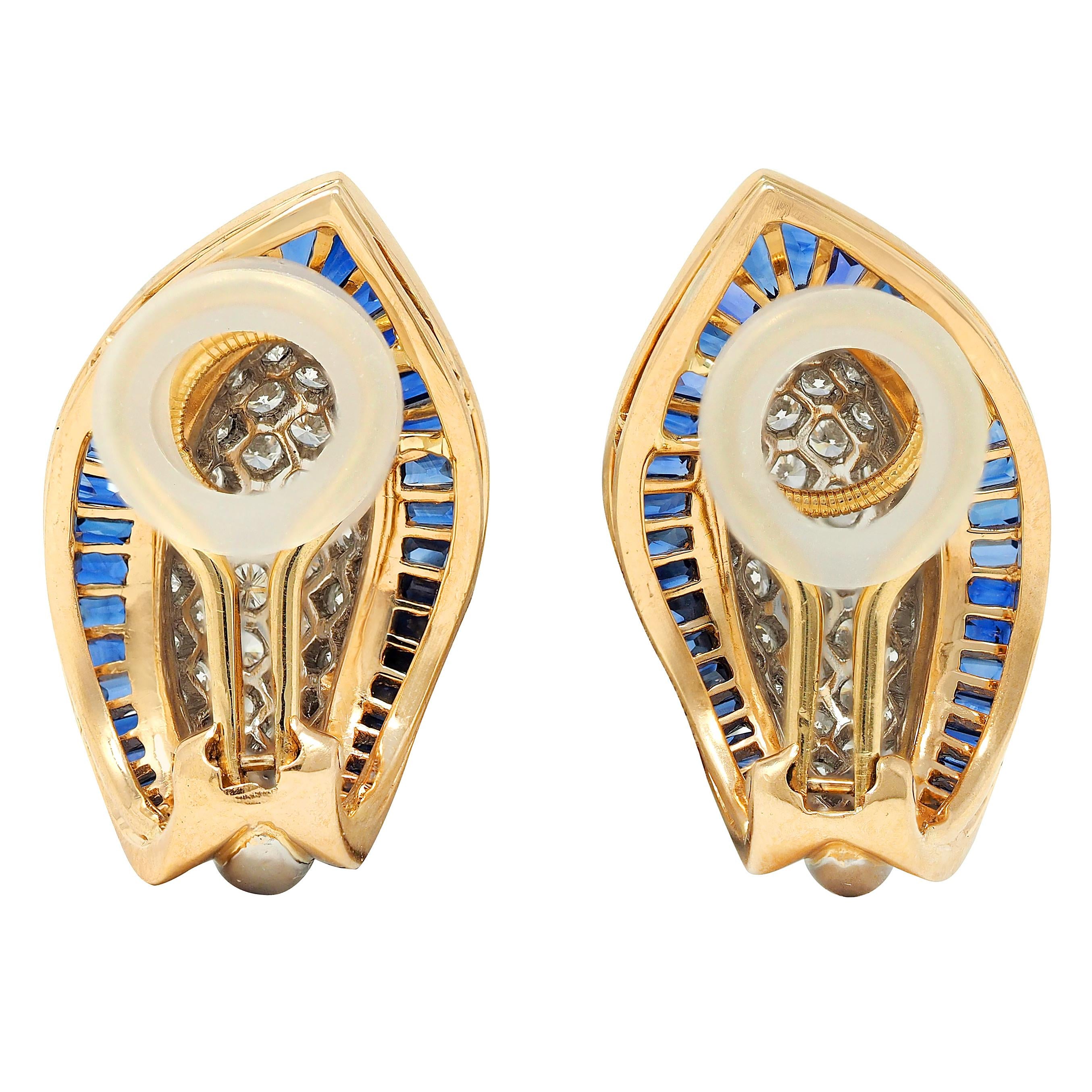 Oscar Heyman Sapphire Diamond Platinum 18K Gold Vintage Ear-Clip Earrings