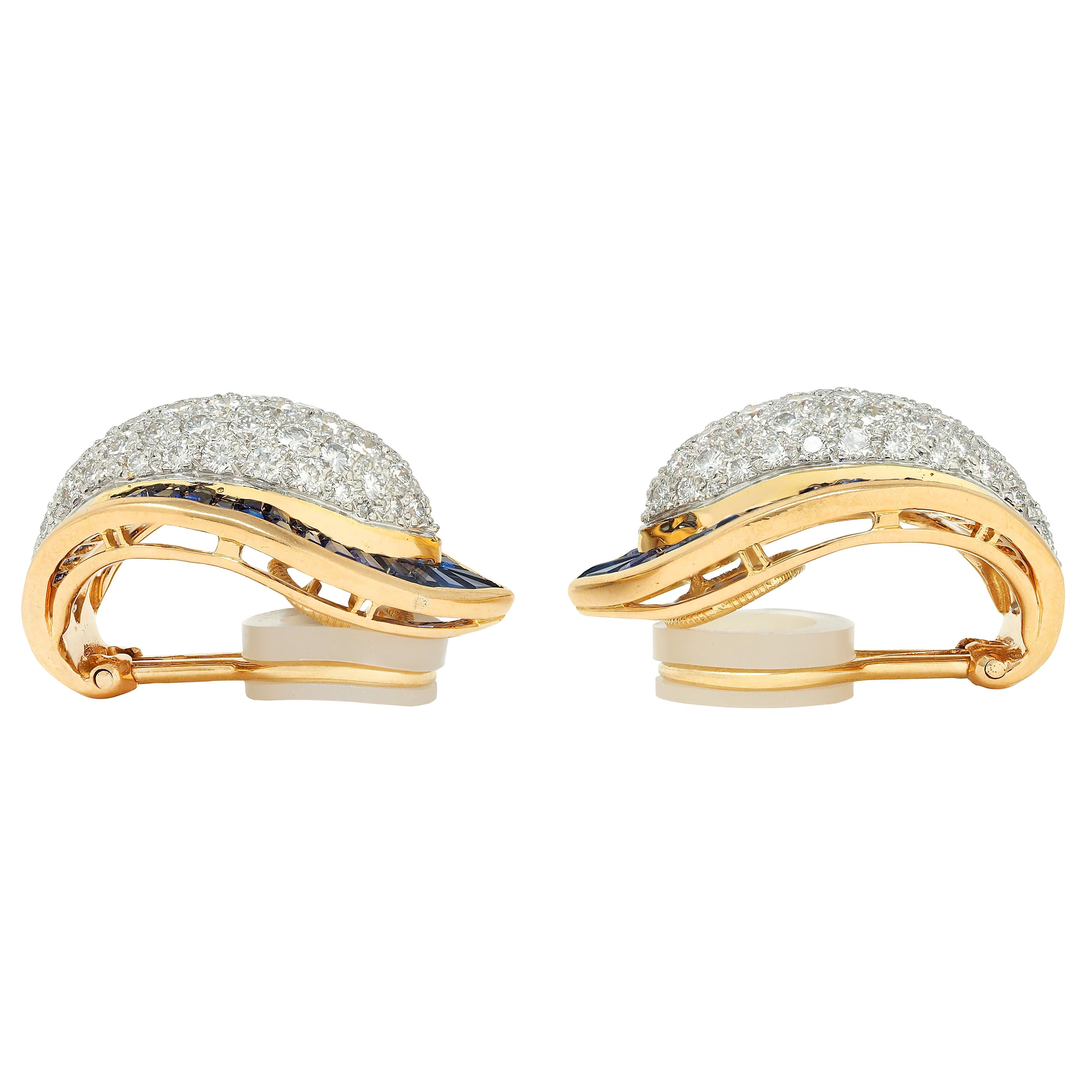 Oscar Heyman Sapphire Diamond Platinum 18K Gold Vintage Ear-Clip Earrings