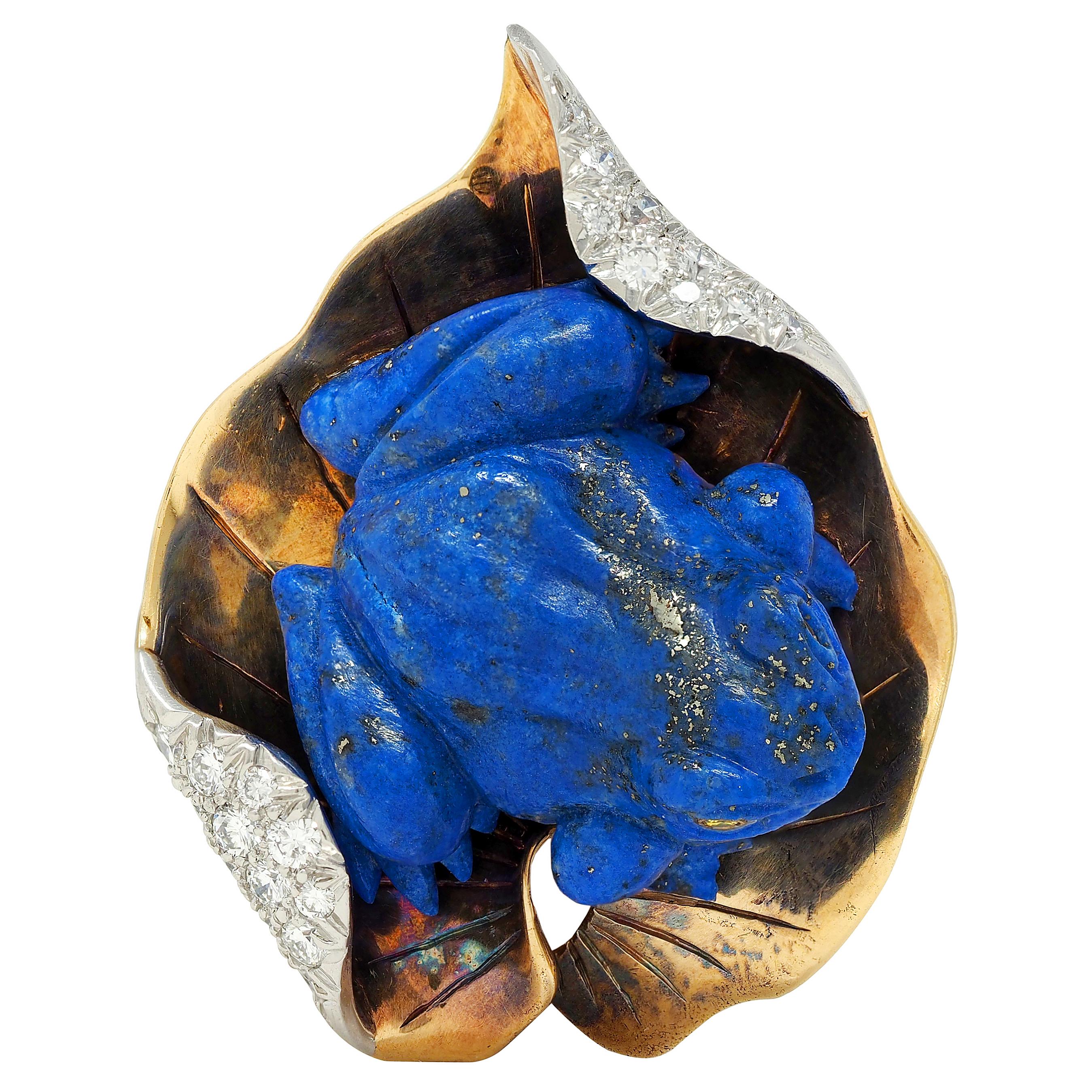 Verdura 1950's Lapis Diamond Platinum 18K Gold Vintage Frog On A Leaf Brooch