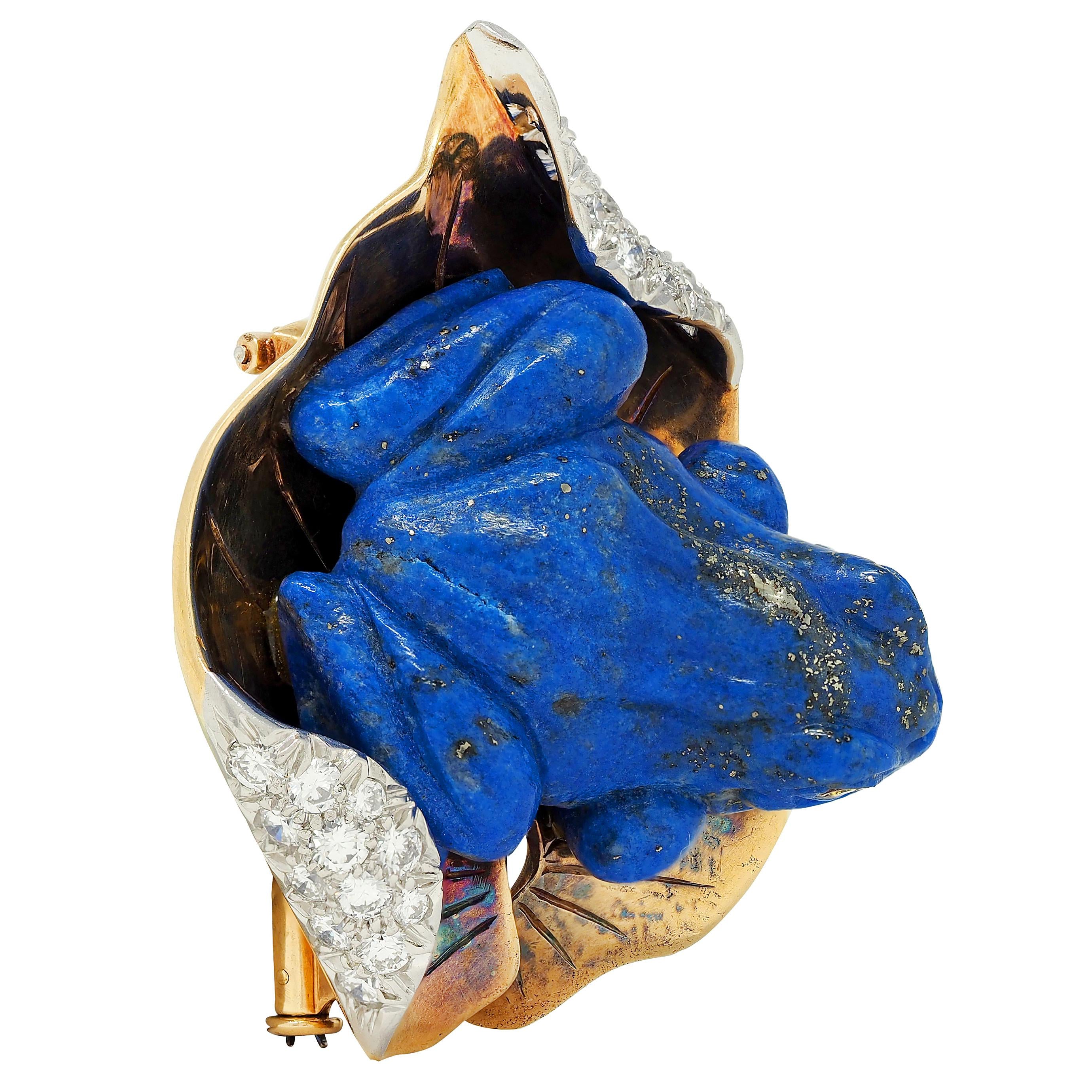 Verdura 1950's Lapis Diamond Platinum 18K Gold Vintage Frog On A Leaf Brooch