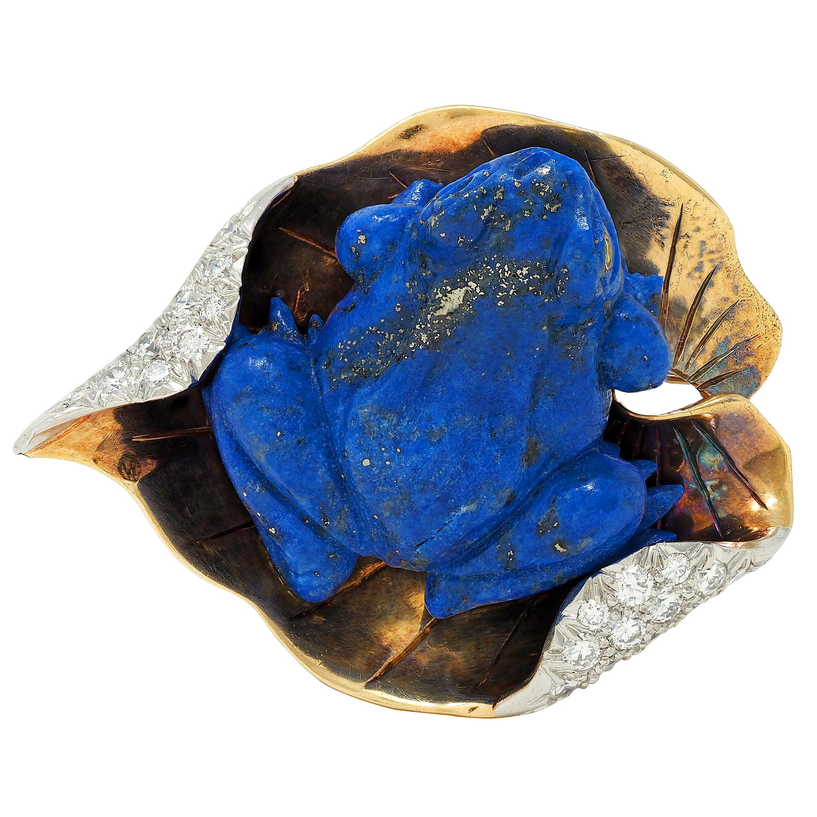Verdura 1950's Lapis Diamond Platinum 18K Gold Vintage Frog On A Leaf Brooch