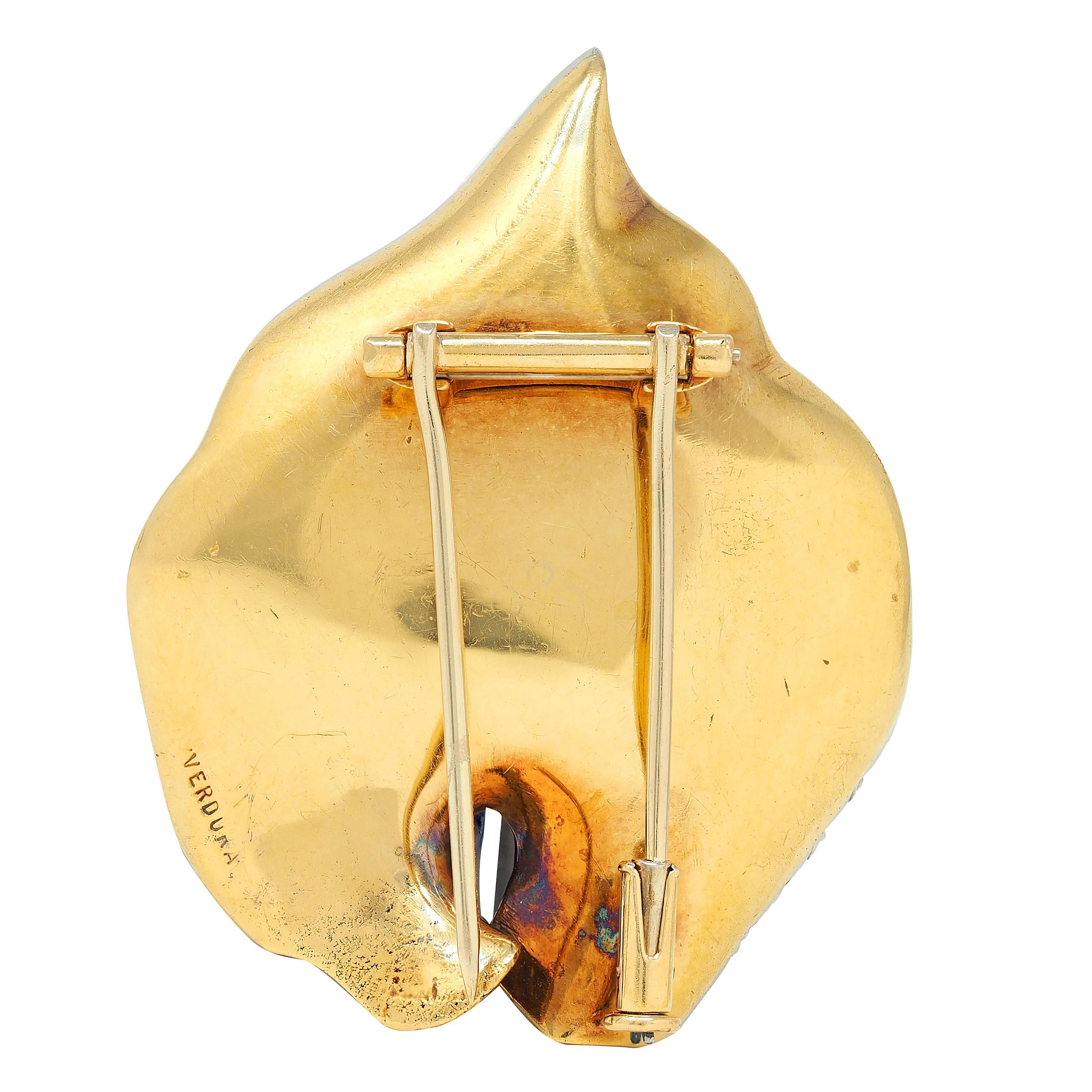 Verdura 1950's Lapis Diamond Platinum 18K Gold Vintage Frog On A Leaf Brooch