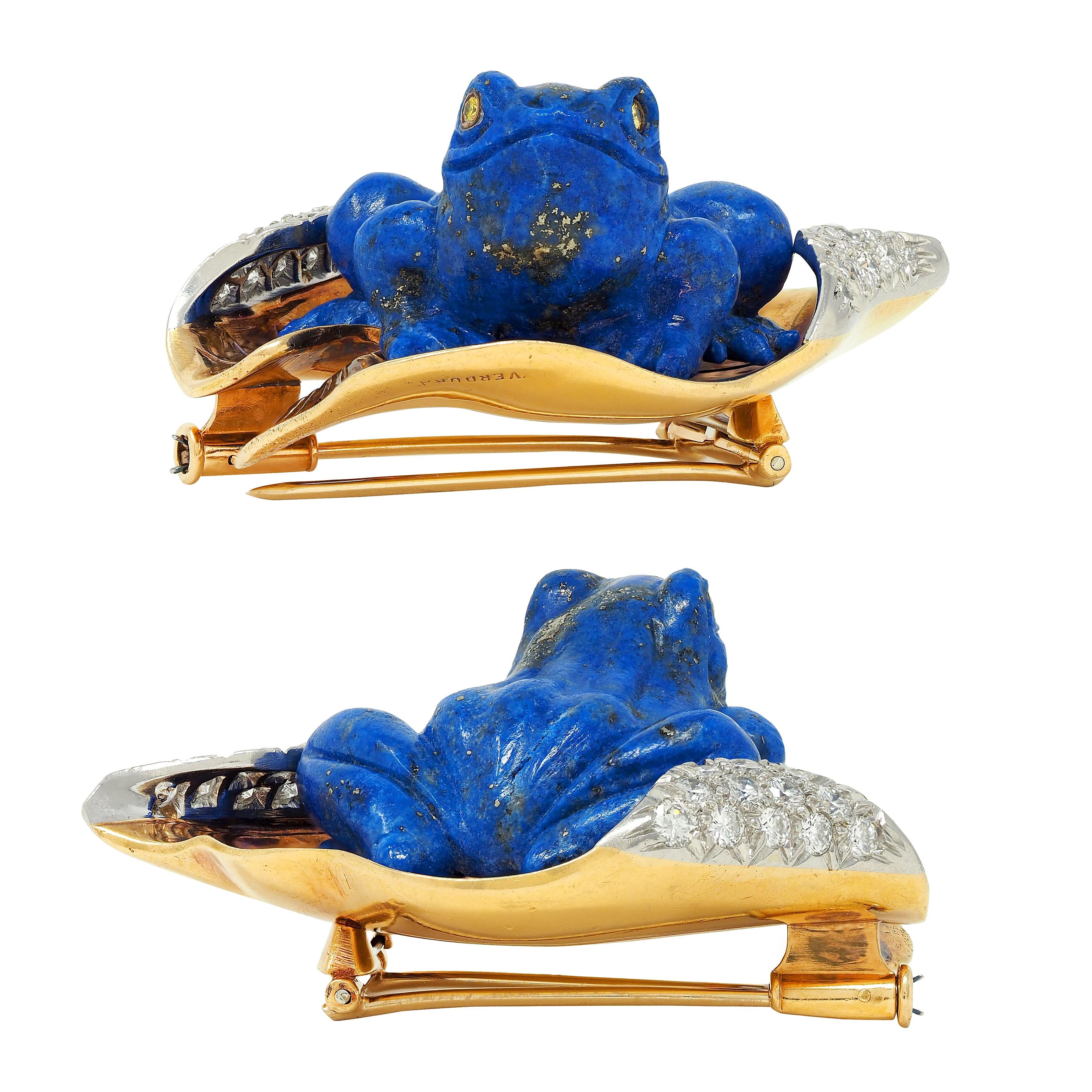 Verdura 1950's Lapis Diamond Platinum 18K Gold Vintage Frog On A Leaf Brooch