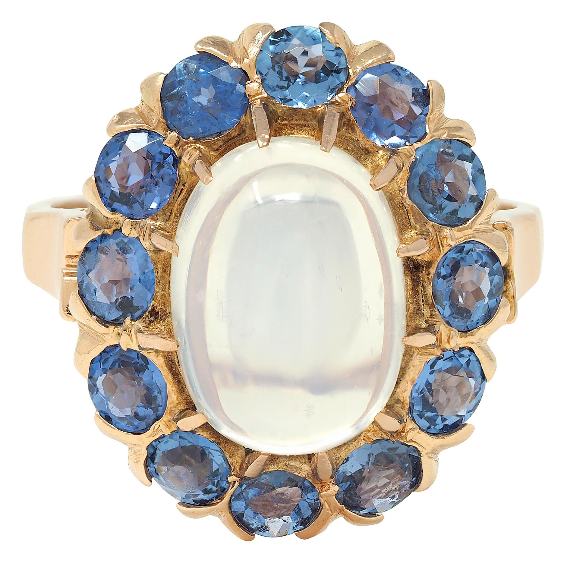 Binder Bros 1940's 2.35 CTW Sapphire Moonstone 14 Karat Gold Vintage Halo Ring