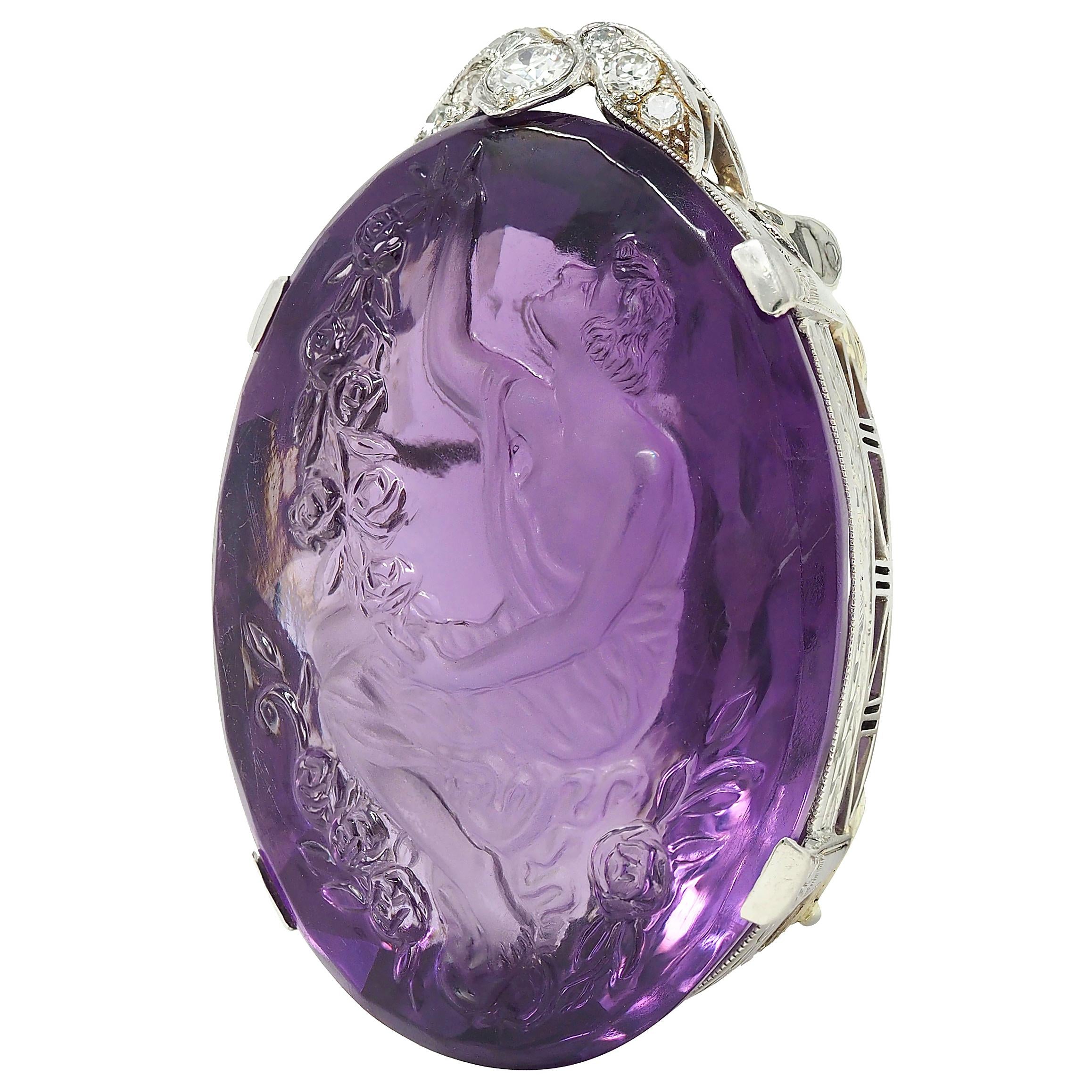Edwardian Diamond Carved Amethyst Platinum Floral Antique Cameo Portrait Pendant