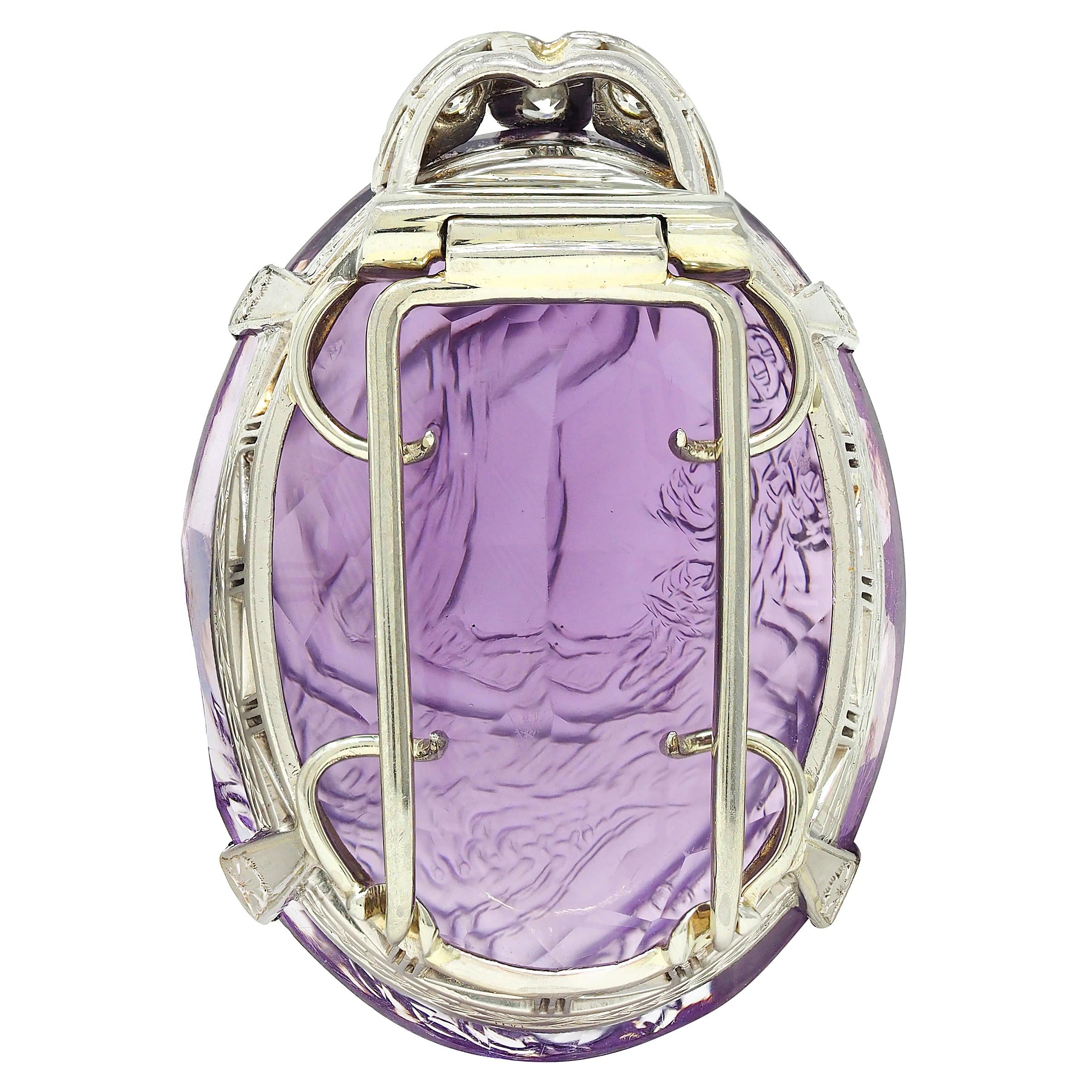Edwardian Diamond Carved Amethyst Platinum Floral Antique Cameo Portrait Pendant