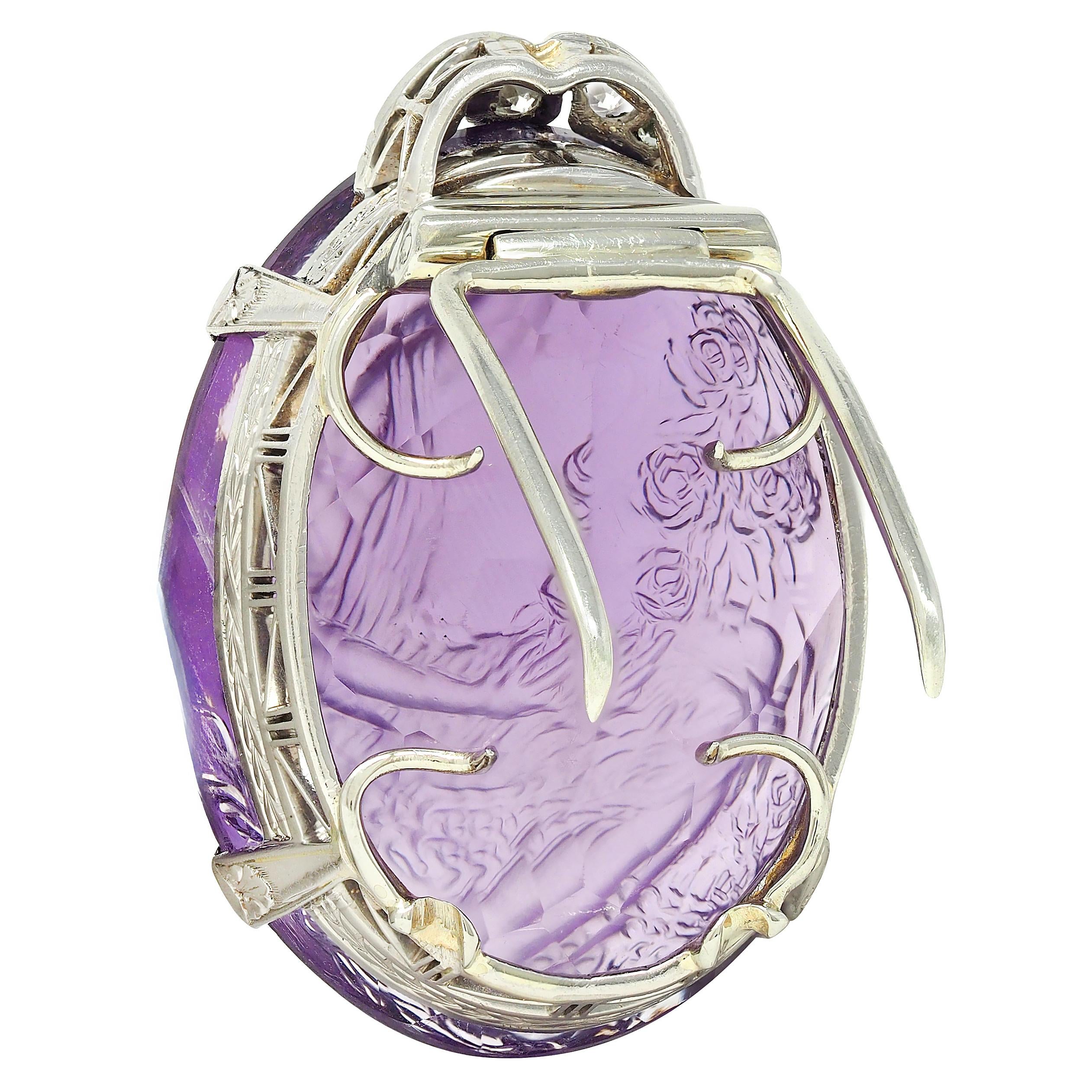 Edwardian Diamond Carved Amethyst Platinum Floral Antique Cameo Portrait Pendant