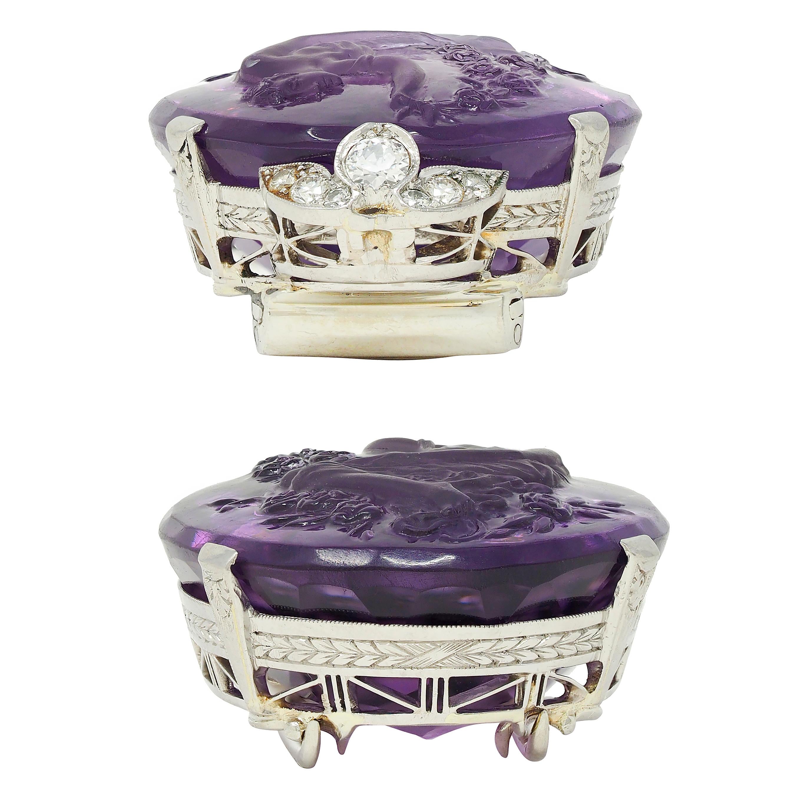 Edwardian Diamond Carved Amethyst Platinum Floral Antique Cameo Portrait Pendant